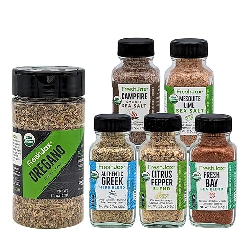 FreshJax Paquete de regalo de hojas de orégano trituradas orgánicas y condimentos de pollo, 5 tamaños de muestra y 1 botella grande, sin OMG, sin