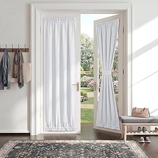 PONY DANCE Non-See-Through French Door Curtain, 50% Light Blocking Solid Rod Pocket Privacy Window Treatment for Sliding Glass French Door with Adjustable Tieback, 25 x 66-inch, Pure White, 1 Piece