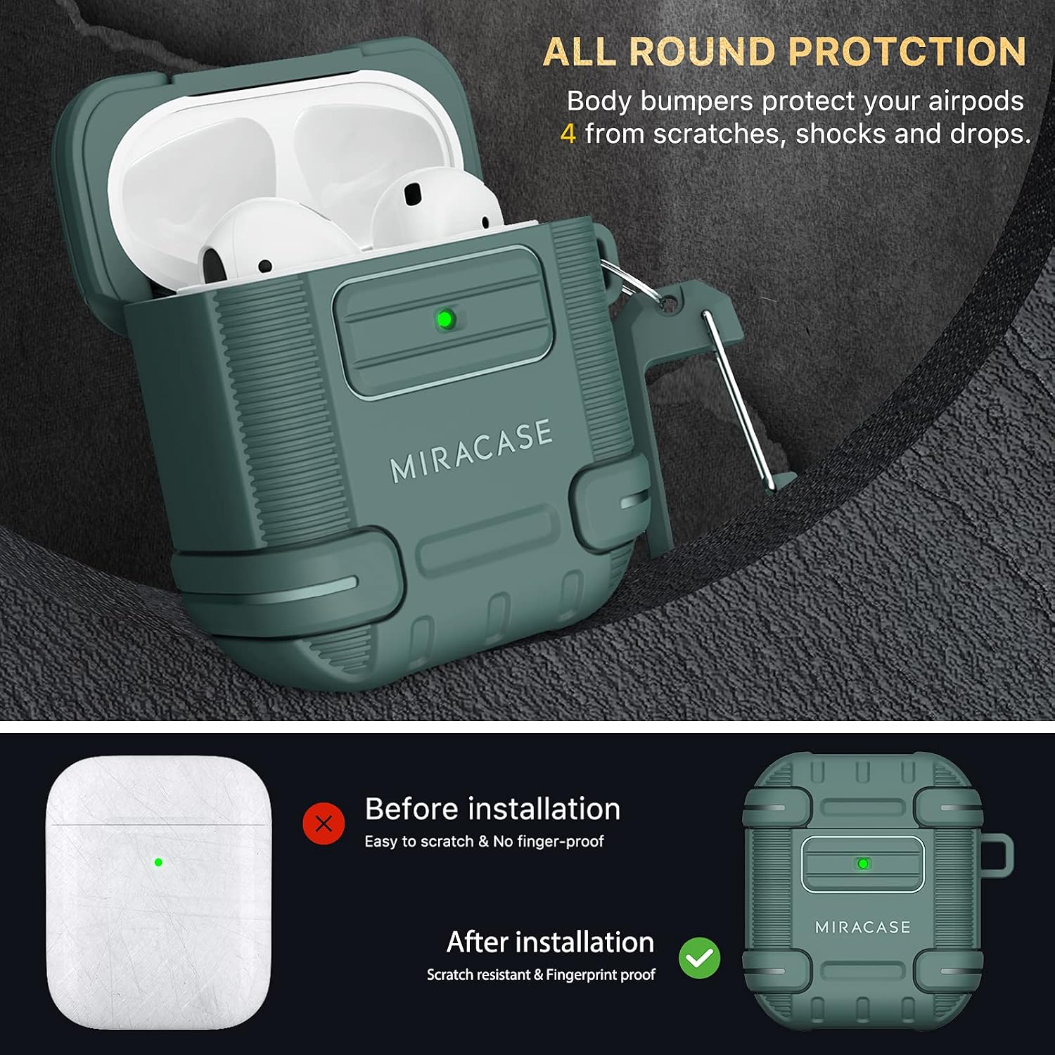 Miracase Warrior AirPods 2 & 1 Case Cover, [Military Grade Drop Tested] Shockproof Protective AirPods 2 & 1 Case with Keychain for AirPods 2 & 1 Wireless Charging Case, [Front LED Visible], Green
