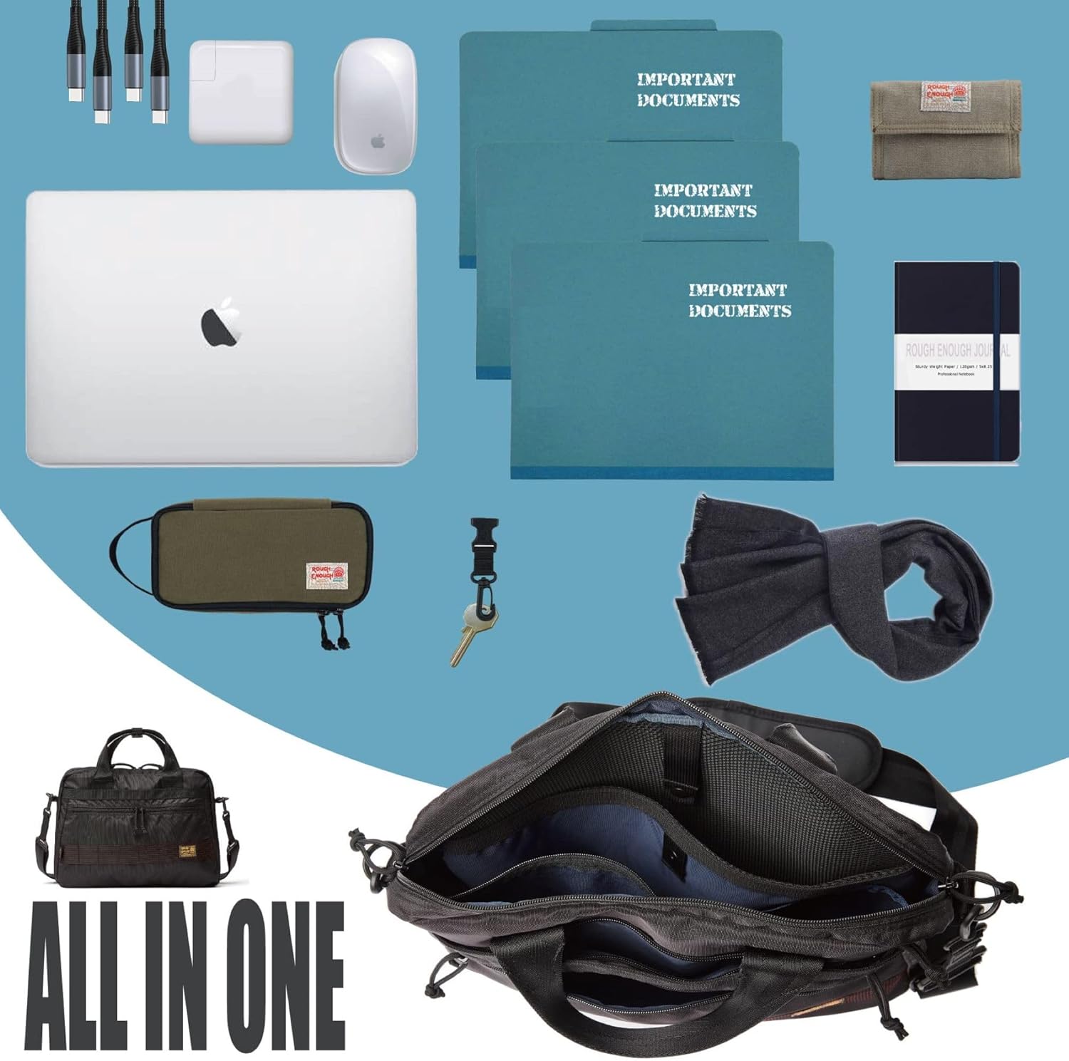 Rough Enough 16 Inch Laptop Sleeve Case Bag Tablet Carrying Case Briefcase for Travel Business with Accessory Pocket Shoulder Handle Cordura Black