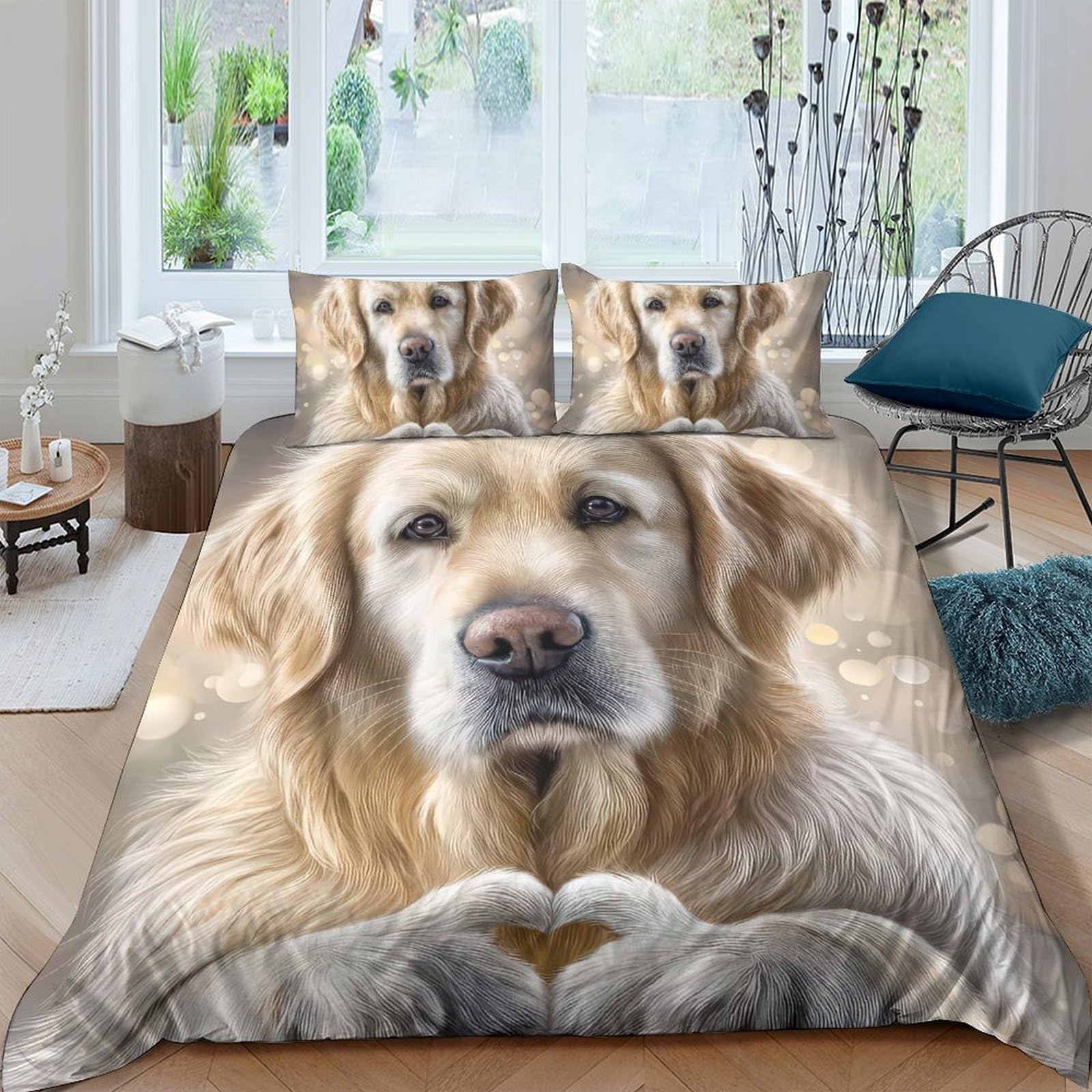 P5V6M1Q9 3D Printed Golden Retriever Duvet Cover Microfiber Soft Breathable Heart Hands Quilt Cover Set with 2 Pillowcases for Bedroom Decor Single（135x200cm）