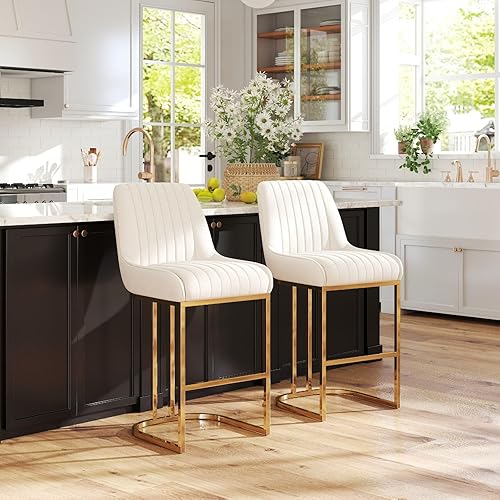 Miniatura 3 de Taburetes de bar beige con patas doradas de terciopelo de 26 pulgadas, juego de 2 sillas de isla de cocina modernas tapizadas con respaldo