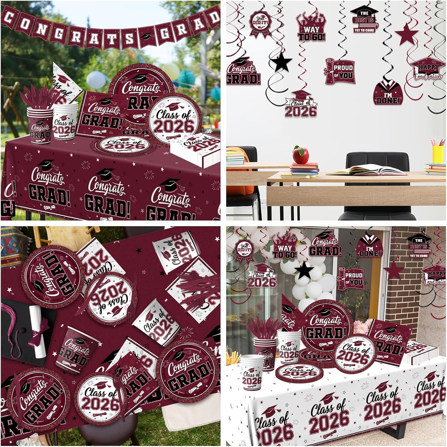 2026 Graduation Decorations Tableware,Maroon White Graduation Plates and Napkins,Class of 2026 Congrats Grad Party Supplies Disposable Tablecloth Cup Knife Fork for Graduation Party Decor,Serve 25