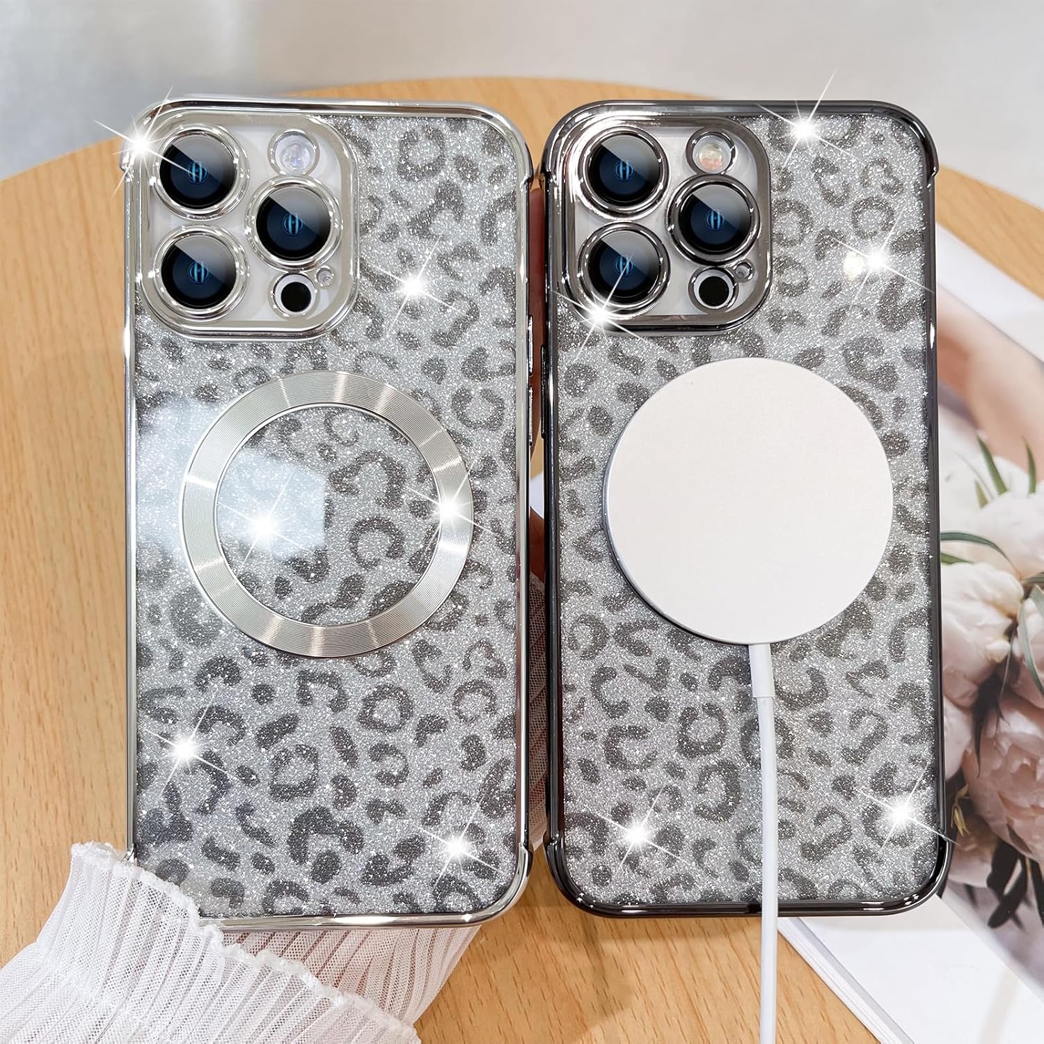 Fiyart Designed for iPhone 14 Pro Max Case,Compatible with MagSafe Cheetah Print Plating Camera Protection Magnetic Clear Glitter Leopard Print Shockproof Phone Bumper for Women Girls 6.7"-Black - Image 5