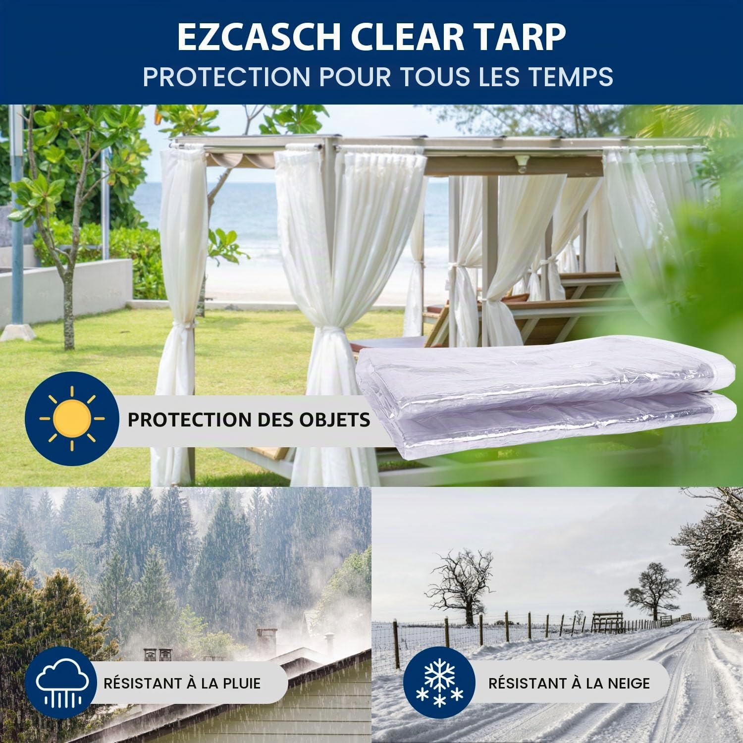 Bâche transparente imperméable très résistante de 1,5 x 2 m - 420 g/m², avec œillets, pour couverture de pergola et terrasse, livrée avec corde et attaches de câble