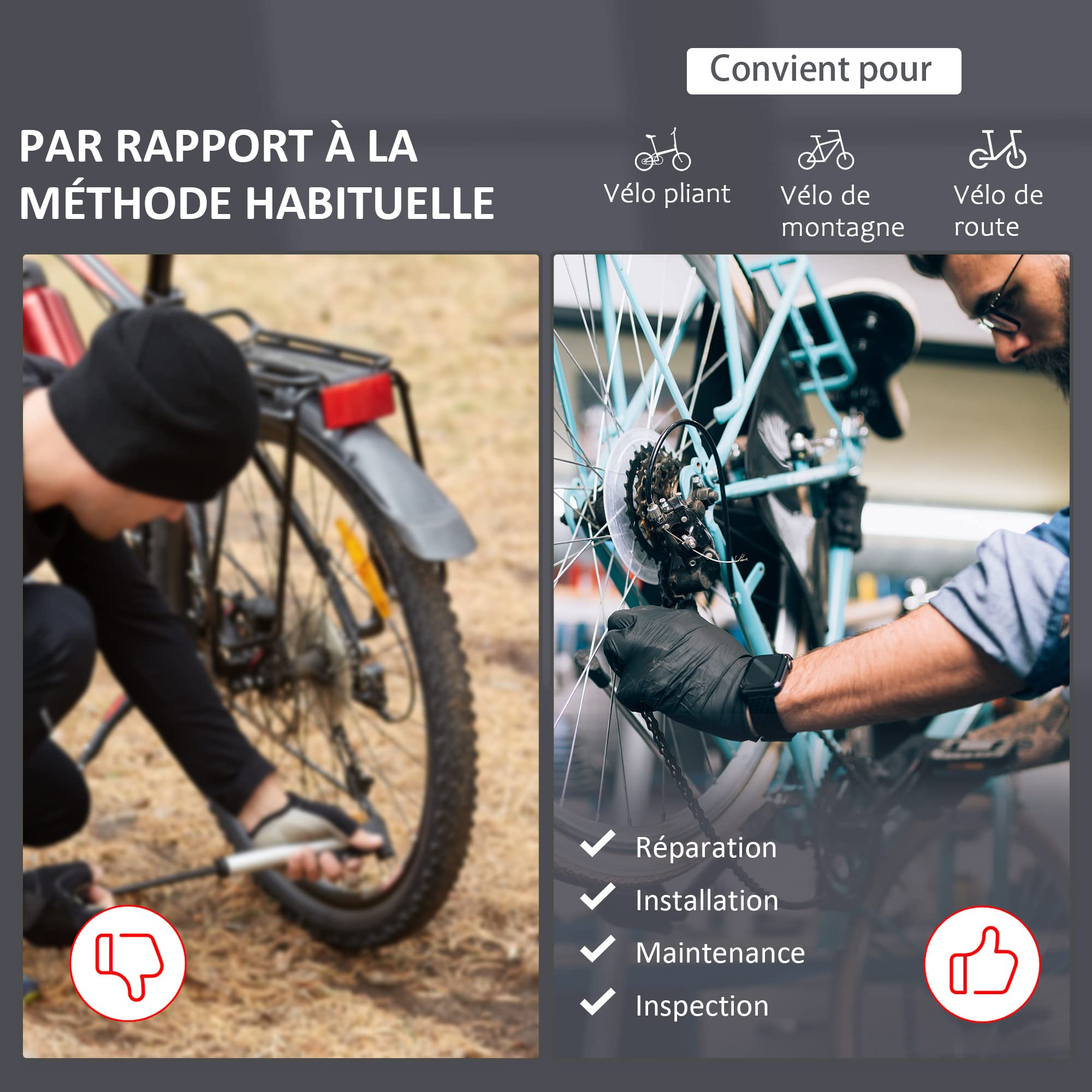 HOMCOM Pied d'Atelier Vélo Support de Réparation Professionnel, Charge 30kg pour VTT - Stand de Montage Pliable avec Plateau à Outils - Hauteur Réglable 180cm et Pince Rotative 360, Gris Noir