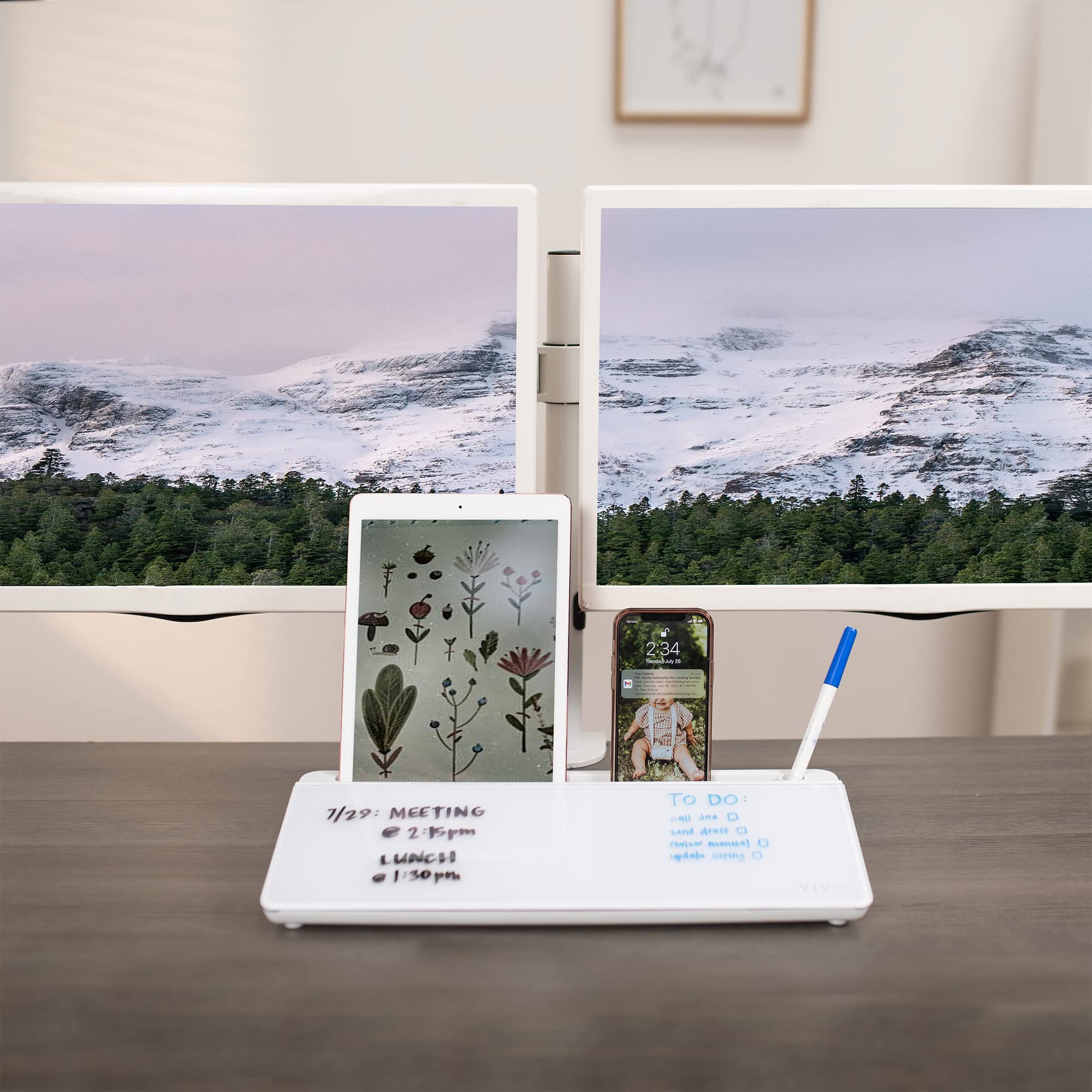 VIVO DESK-WB16A Tableau blanc en verre effaçable à sec avec rangement, compartiments cachés et fente pour appareil, 40,6 x 17,8 cm
