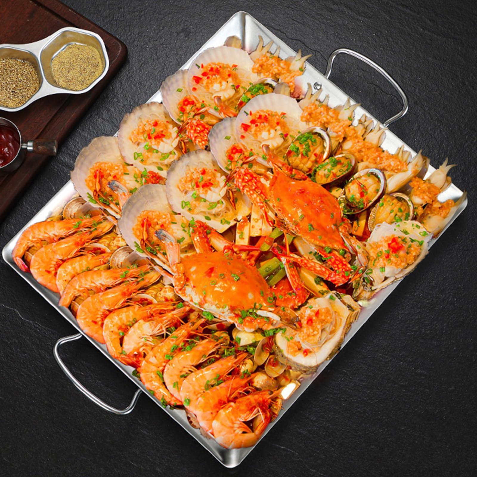 SVRITE Padella per paella spagnola in acciaio inox, con doppio manico, piatto da portata per snack, sushi, wok per casa, ristorante, commerciale, 3 misure (argento, L)