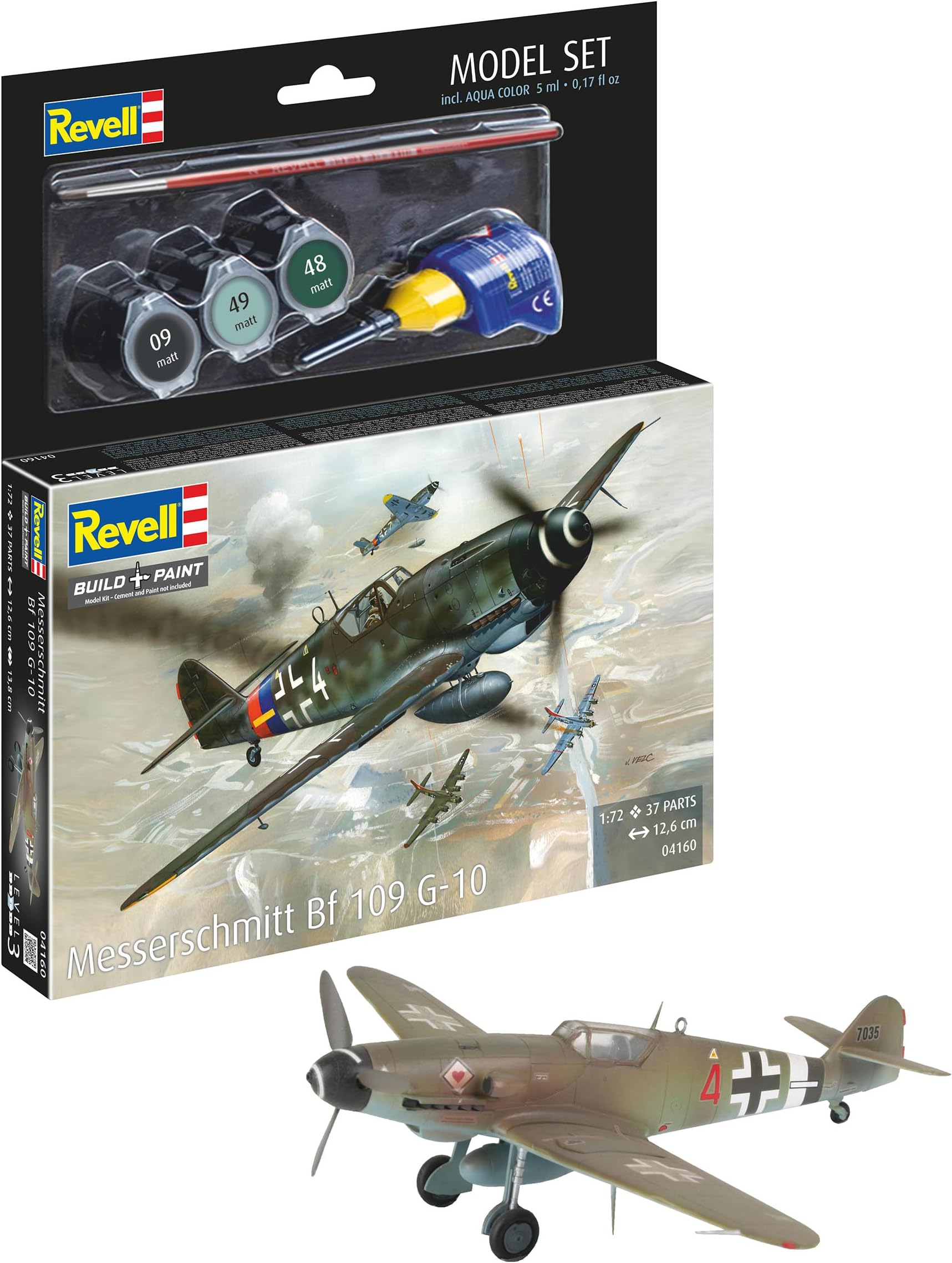 Model Set 64160 Model Set Messerschmitt Bf -109 1:72 Scale Unbuilt/Unpainted Plastic Model Kit with Contacta Professional Glue, Paintbrush & Selected Aqua Color Paints
