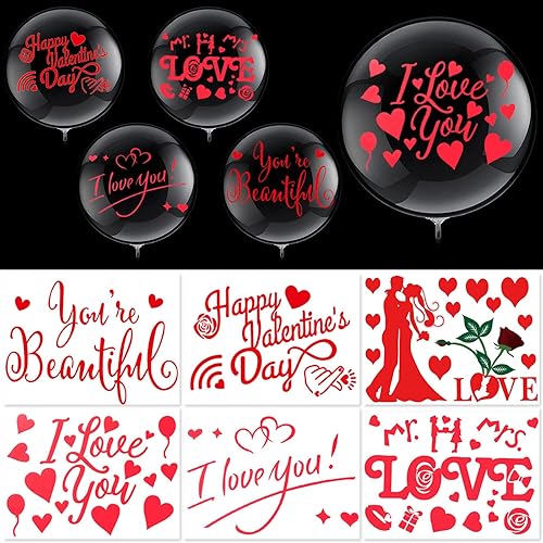 Whaline Globo Bobo para el día de San Valentín con 12 hojas de calcomanías de 18 pulgadas, globos de burbujas transparentes con texto en inglés "I