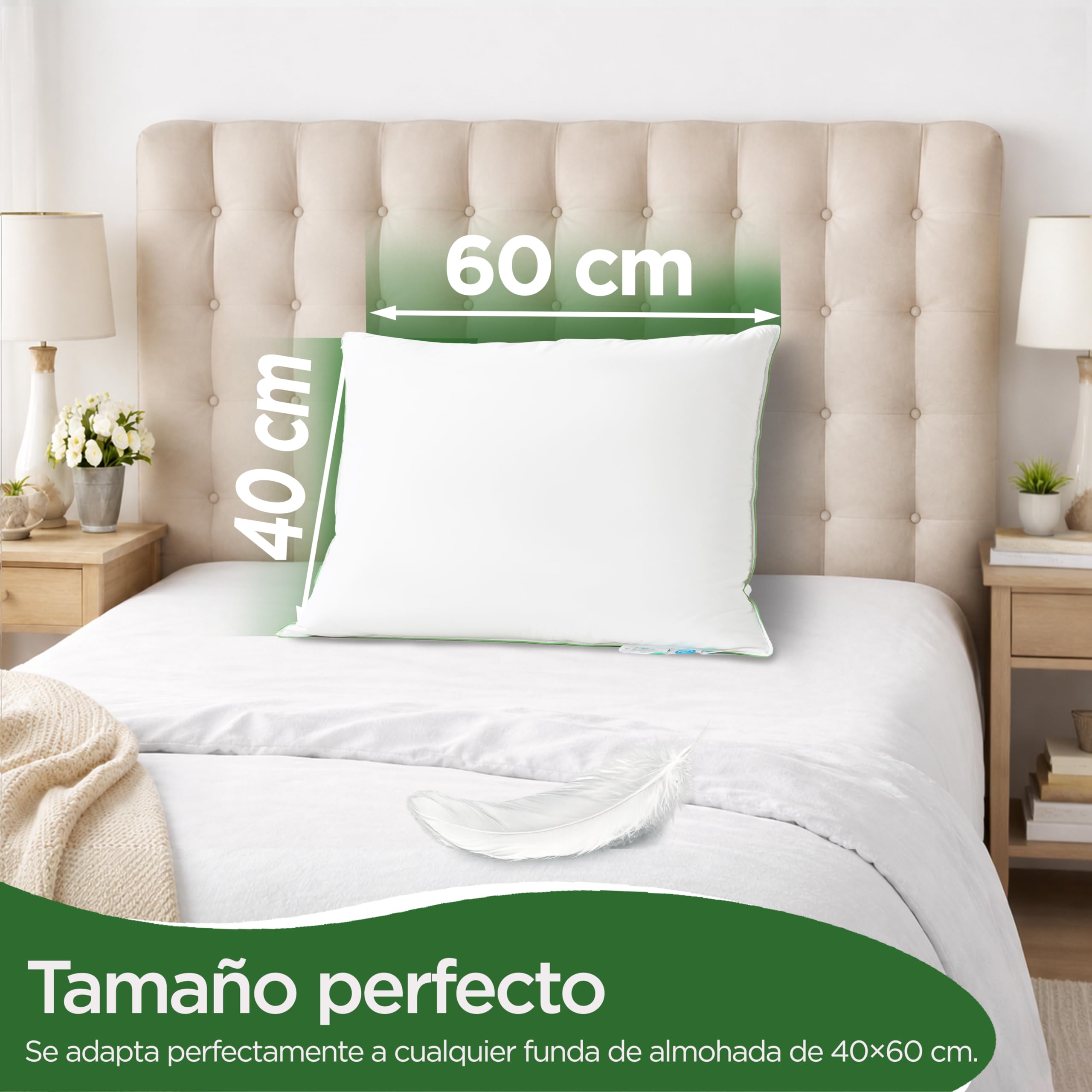 Welldora Almohada Plumas y Plumón Lujo 40x60 | Almohada Cervicales y Cuello Firmeza Media 3 Cámaras | 100% Plumón y Plumas Naturales | Médicamente Probada, Oeko-Tex, Hipoalergénica, Certificado RDS