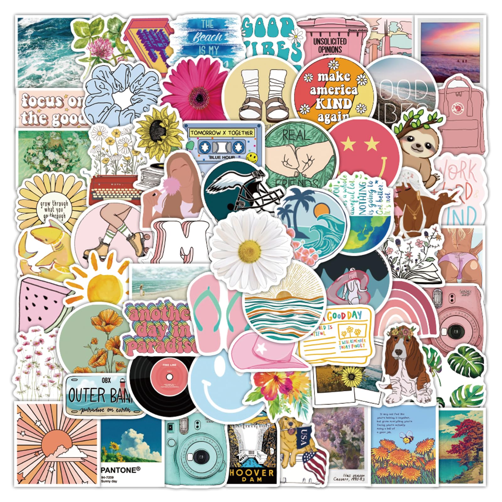 200PCS Preppy Stickers, Vinyl Waterproof Summer Stickers for Water Bottles, Cute Preppy Decals for Phone MacBook Cup, Summer Themed Stickers for Teens