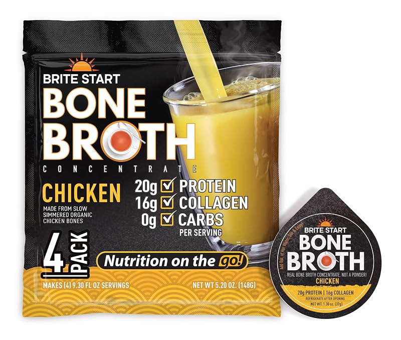 Brite Start Concentrado de caldo de ossos de frango, 20 g de proteína e 16 g de colágeno, 4 sachês