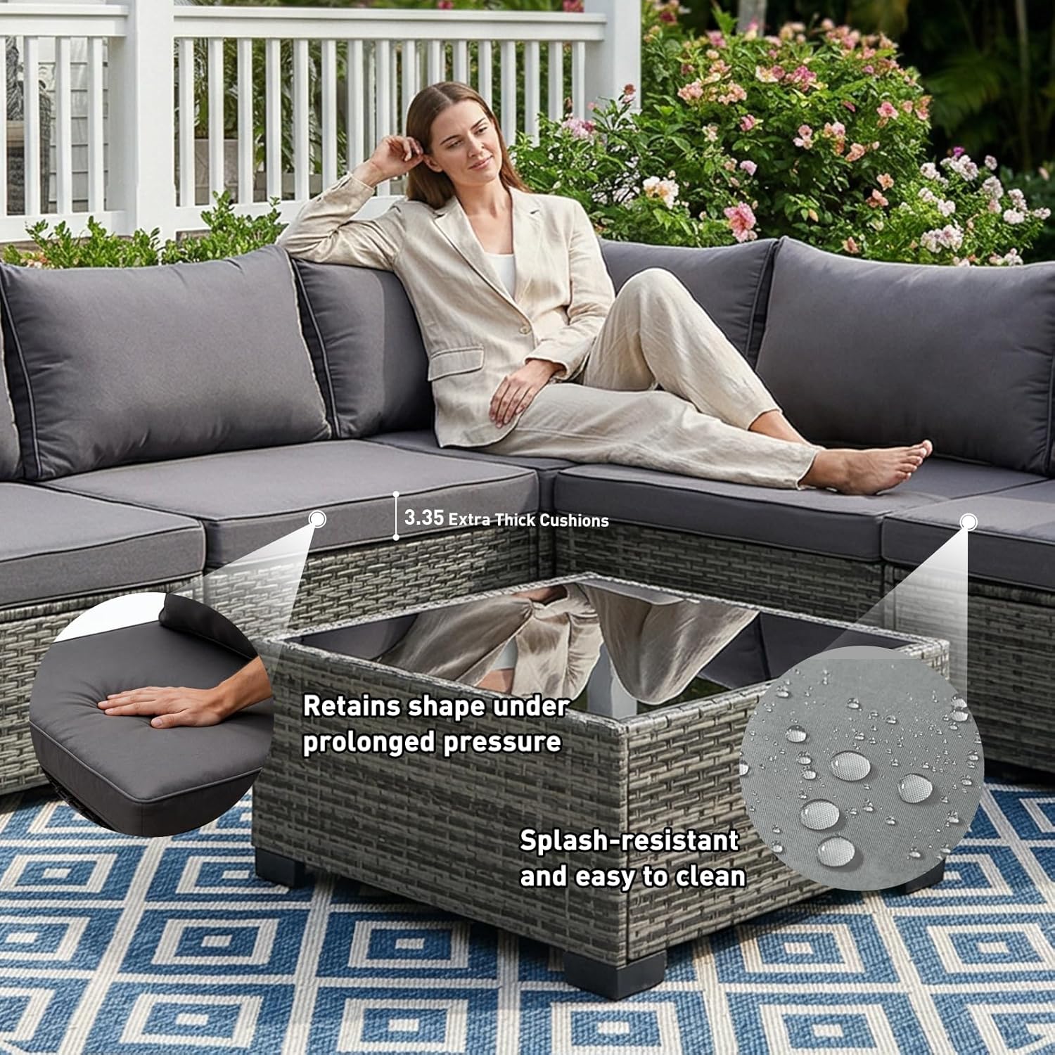 7-Piece Patio Furniture Set, Outdoor Wicker Conversation Sofa Set with Coffee Table & Extra Thick 8.5" Cushions, All-Weather Sectional for Backyard, Porch, Poolside (Gray, 7PCS)