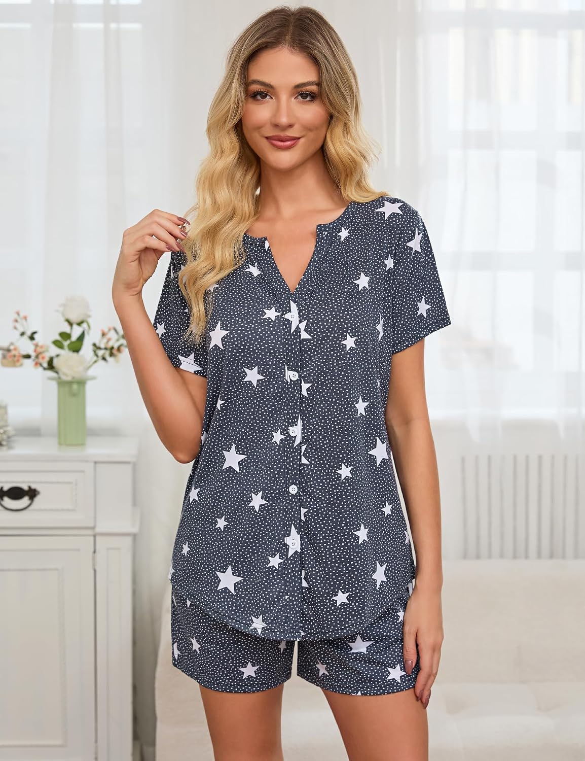 ENJOYNIGHT Womens Pajama Set Cotton Summer Pj Shorts with Pockets image 2