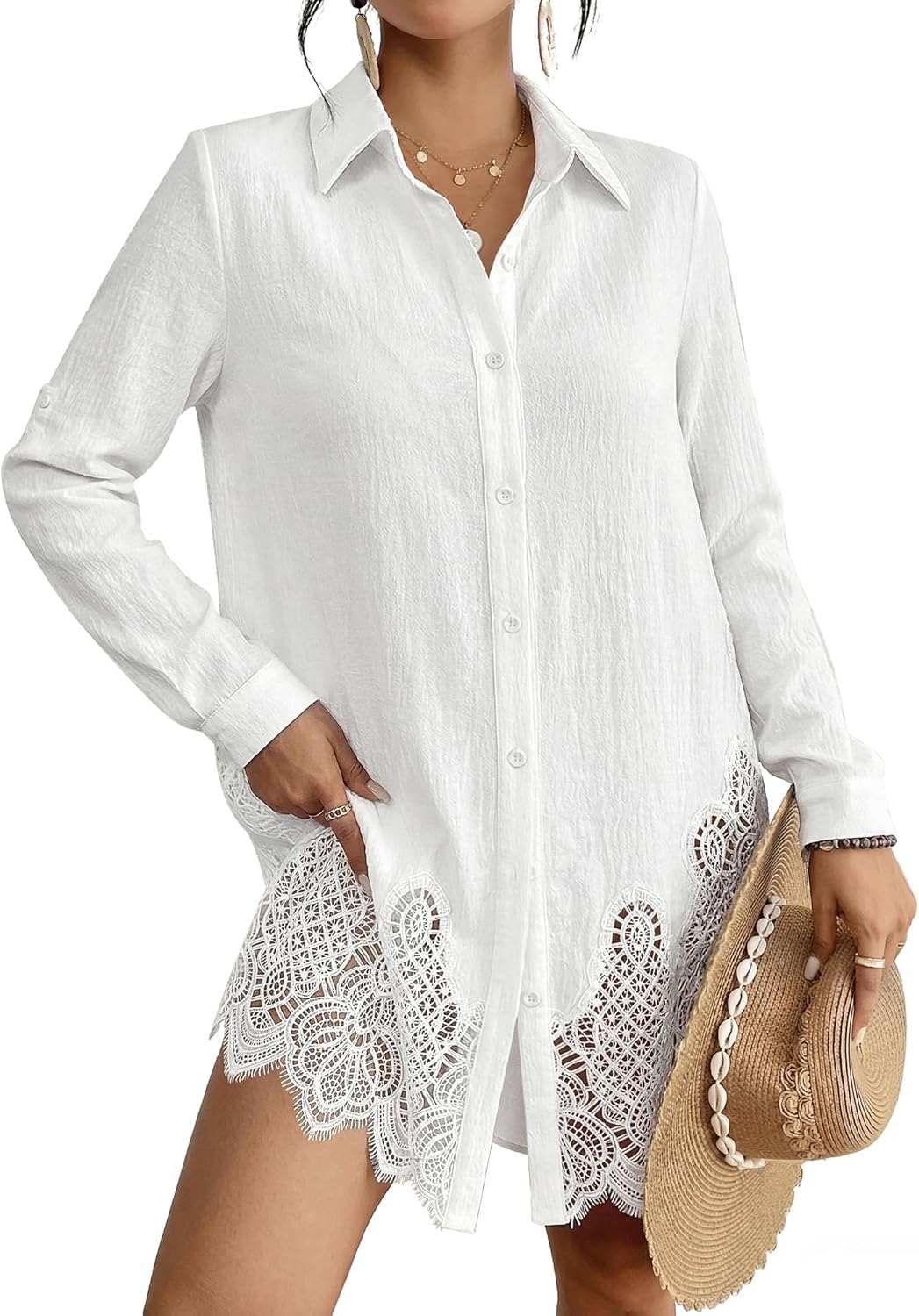 Bsubseach Swimsuit Coverup for Women Button Down Bathing Suit Beach Shirt Dress Long Sleeve Blouse Top with Lace