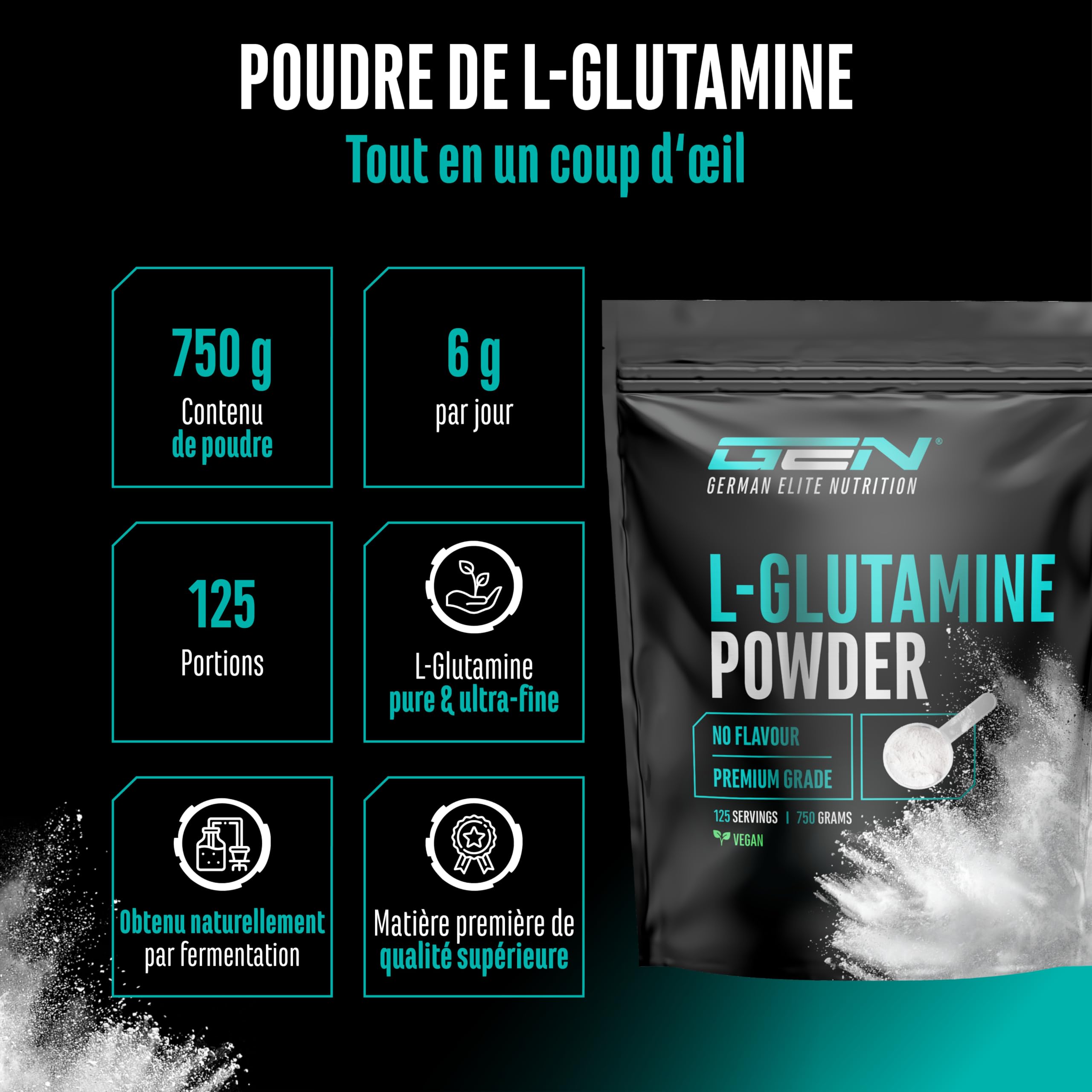 L-Glutamine en poudre - 750 g - Premium : Poudre pure et ultrafine sans additifs - Acide aminé L-Glutamine 100% micronisé - Neutre non aromatisé - Hautement dosé - Vegan