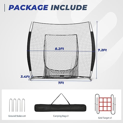 Miniatura 7 de Red de béisbol, 7x7 pies de béisbol y sóftbol con zona de golpeo para práctica de bateo, lanzamiento y fildeo, montaje rápido, portátil, con bate de
