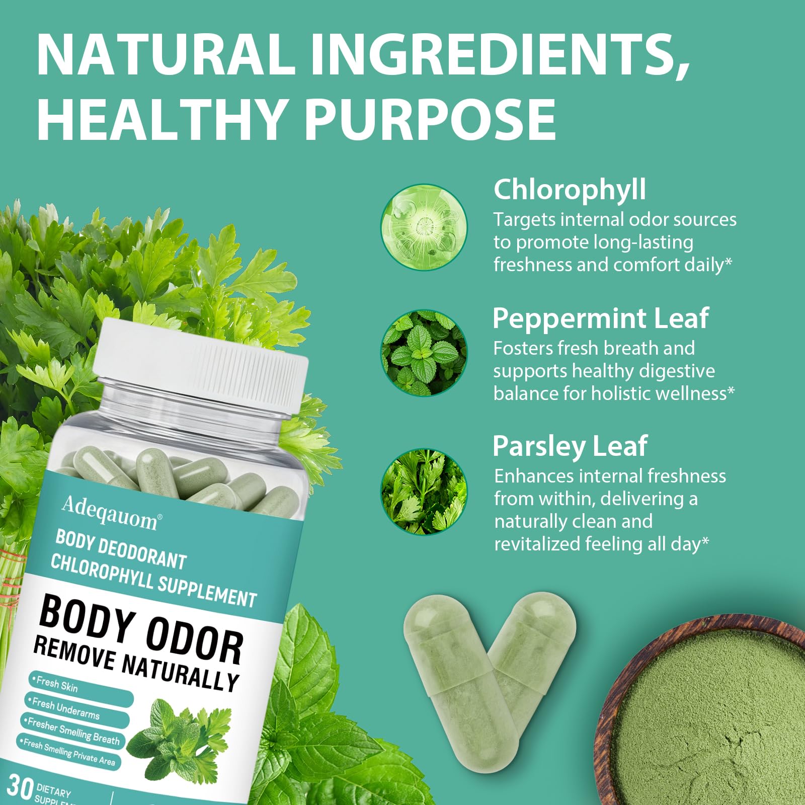 Chlorophyll Capsules Internal Body Deodorant Supplement for Women and Men for Gut Health, Fresh Breath, Skin Health, Detox & Digestion Support, Natural Odor Remove, Vegan, Non-GMO-30 Capsules — Amazon image 2