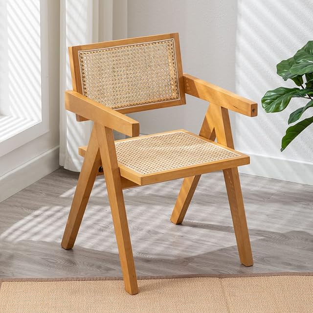 Wahson Mid Century Armchair Rattan Accent Chair French Cane Leisure Chair with Solid Wood Legs, Comfy Retro Side Chair for Bedroom/Living Room/Reading, Natural Wood