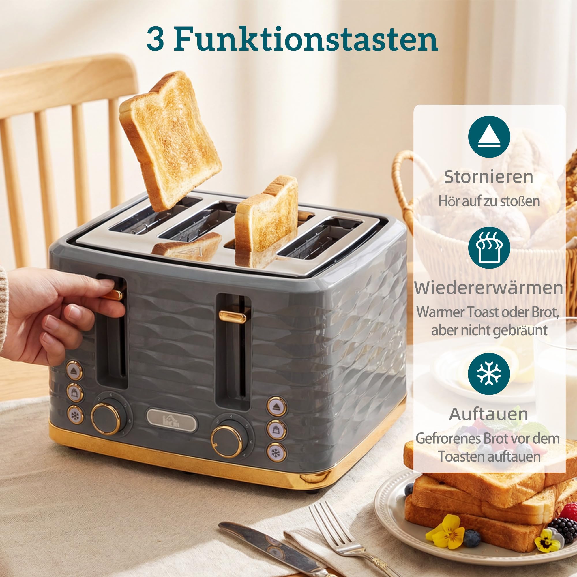 HOMCOM Tostapane a 4 fette con 7 livelli di doratura, alta sollevamento, funzione riscaldamento/scongelamento/demolizione, autocentrante, cassetto raccogli briciole estraibile, spegnimento automatico