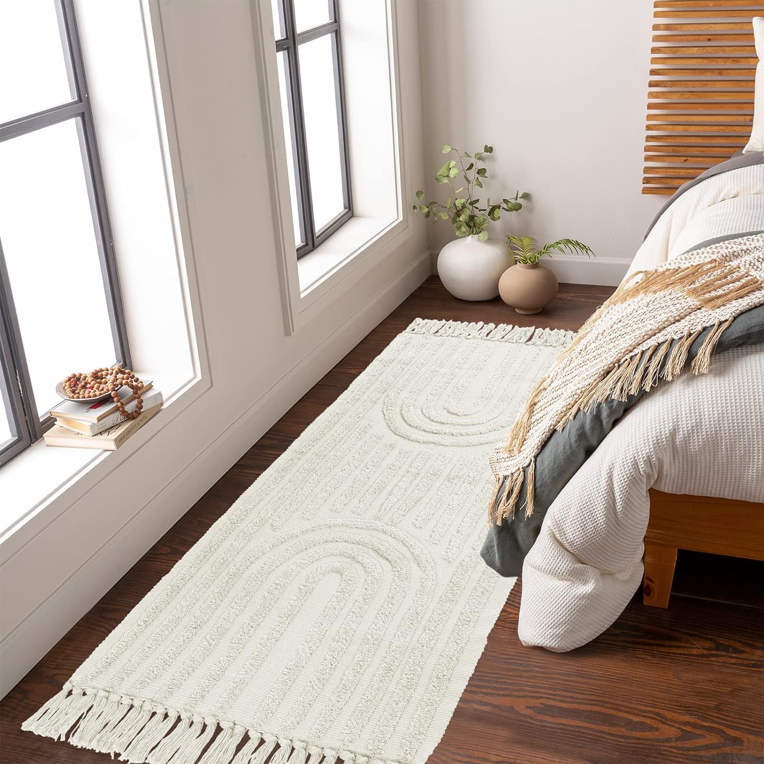 Boho-Badezimmerteppiche, böhmischer Küchenläufer, Bauernhaus-Eingangsteppich aus Baumwolle für Schlafzimmer/Waschküche, gewebter Teppich. (Beige Rainbow, 60 x 180 cm)