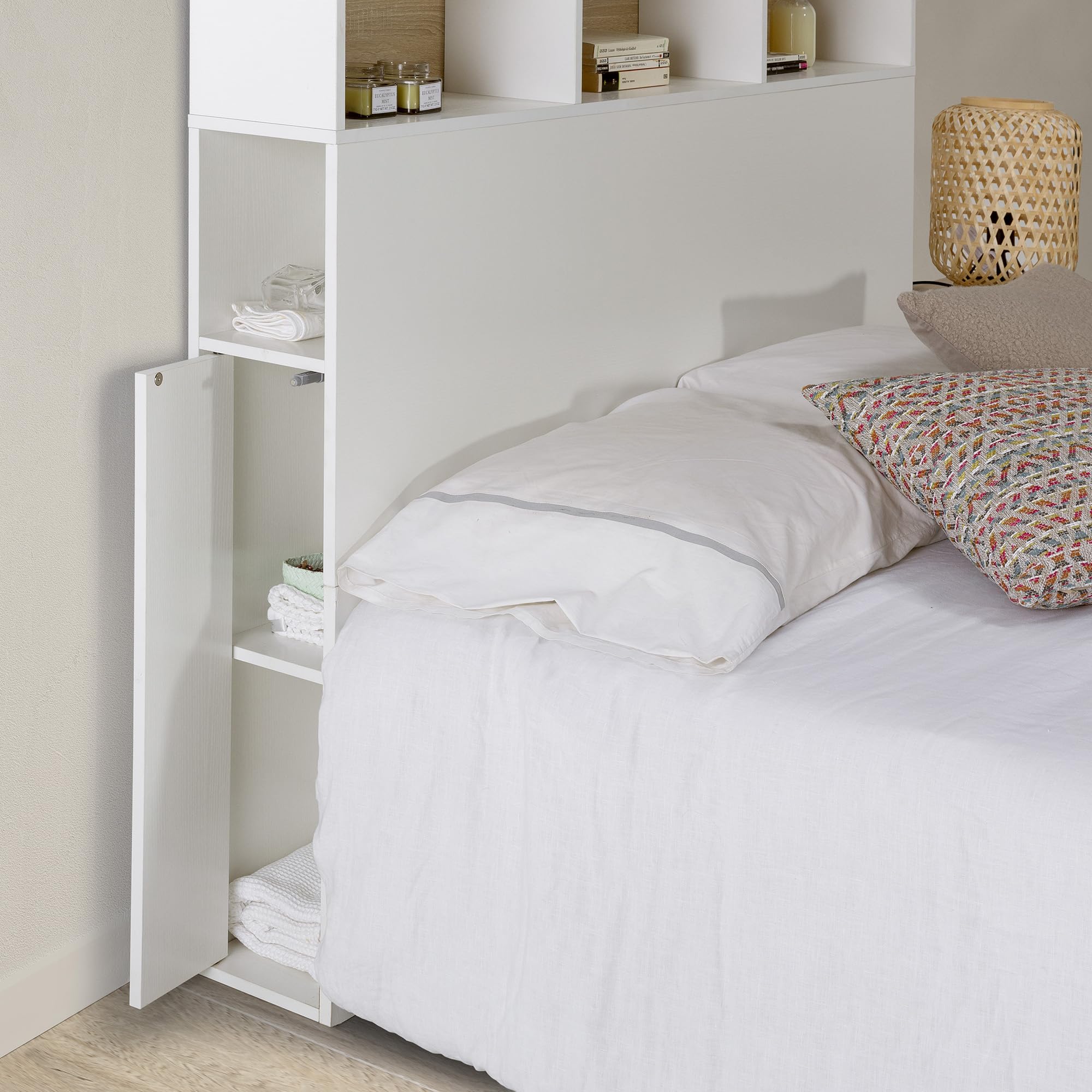 HOMN LIVING Cabecero de Cama Zeus 165 cm con almacenaje Blanco, 2 Puertas 9 Huecos