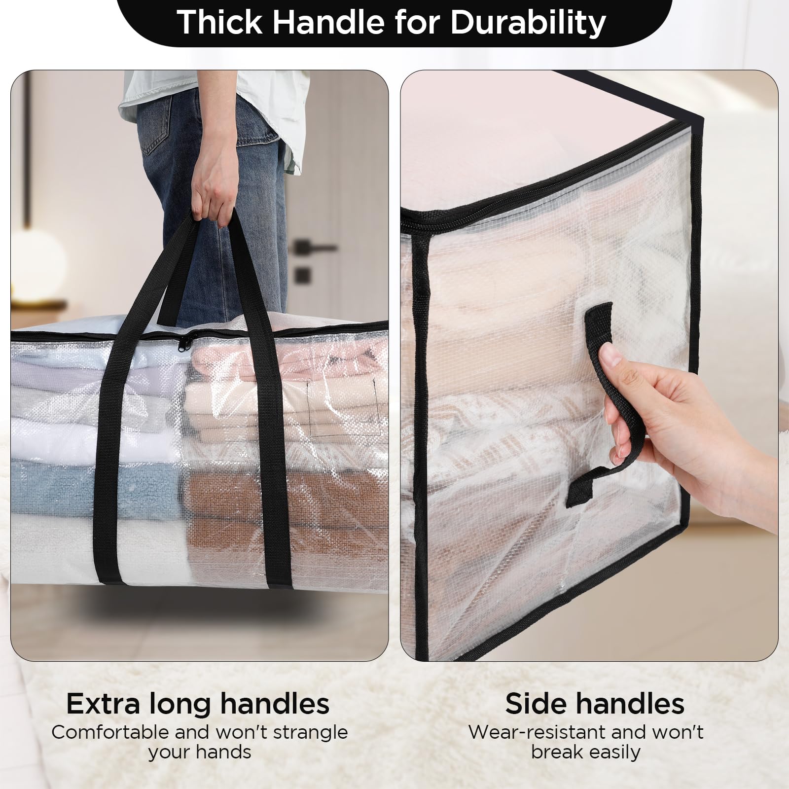 Cozary 94L Borsa Portaoggetti Grande, 4 Pezzi Impermeabile Borse Trasloco per Vestiti con Cerniera e Maniglia, Pieghevole Scatole Armadio per Vestiti, Piumoni,Trapunte, Trasparente