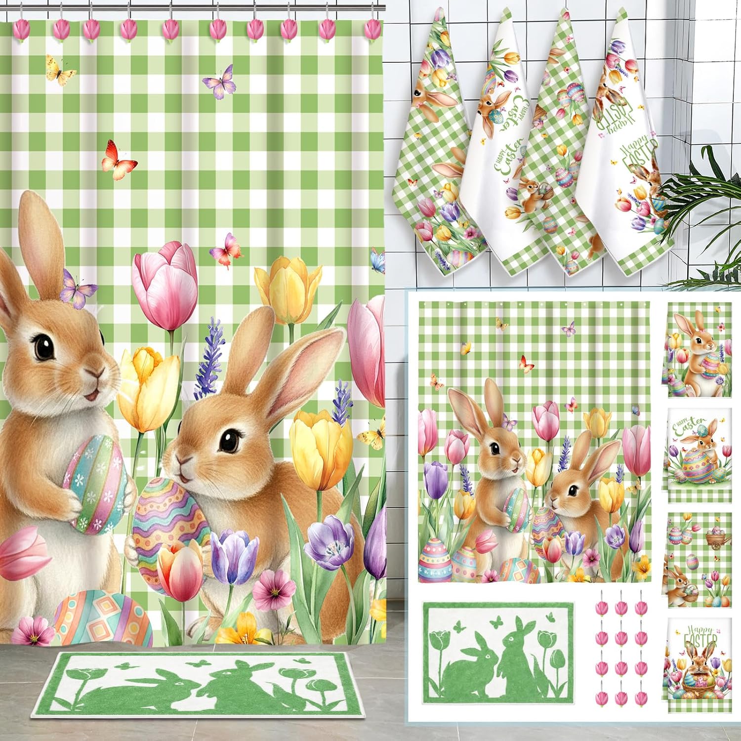 18 Pcs Fabric Shower Curtain Set with 12 Decorative Shower Curtain Hooks Bathroom Towels Non Slip Absorbent Microfiber Rug for Modern Aesthetic Bathroom(Red,Christmas)