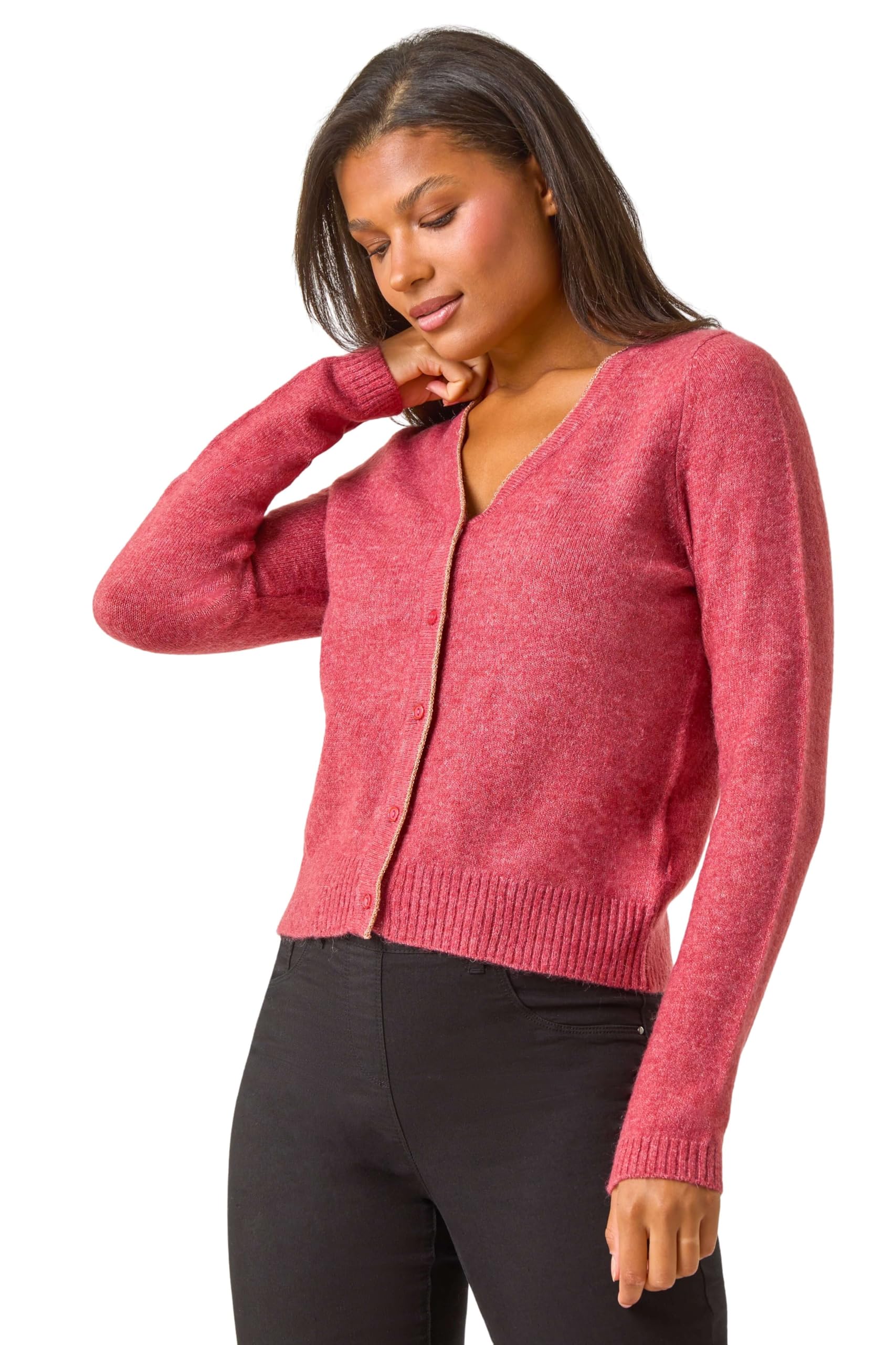 Roman Originals Rose Shimmer V-Neck Ribbed Cardigan For Women Uk - Ladies Everyday Autumn Winter V-Neckline Comfy Soft Evening Vacation Work Party Night Out - - Large