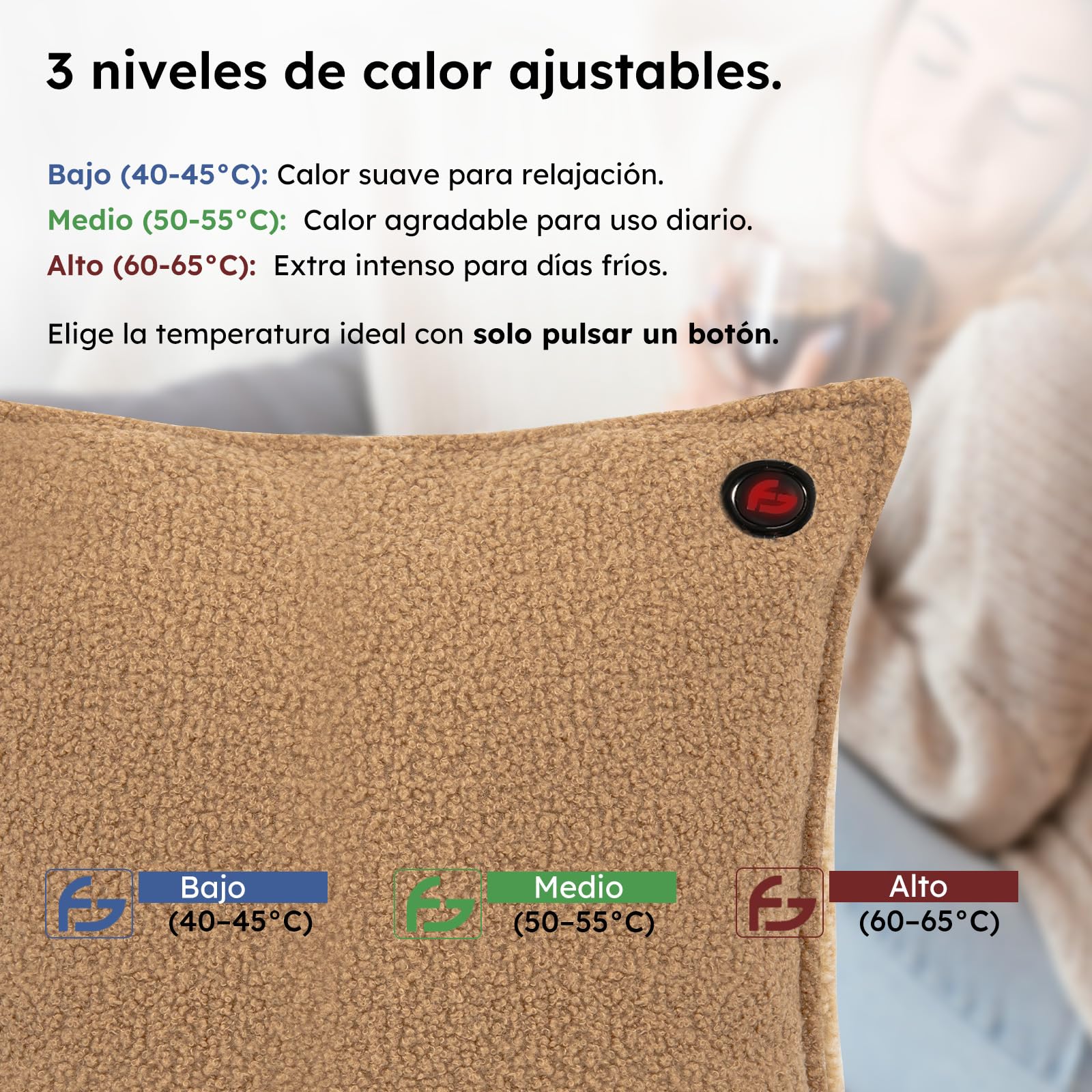 Cojín térmico – 3 modos de calor – Cojín térmico recargable – Banco de energía de 10.000 mAh – Inalámbrico – Cojín térmico – 40 x 40 cm – de Carpa (Taupe)