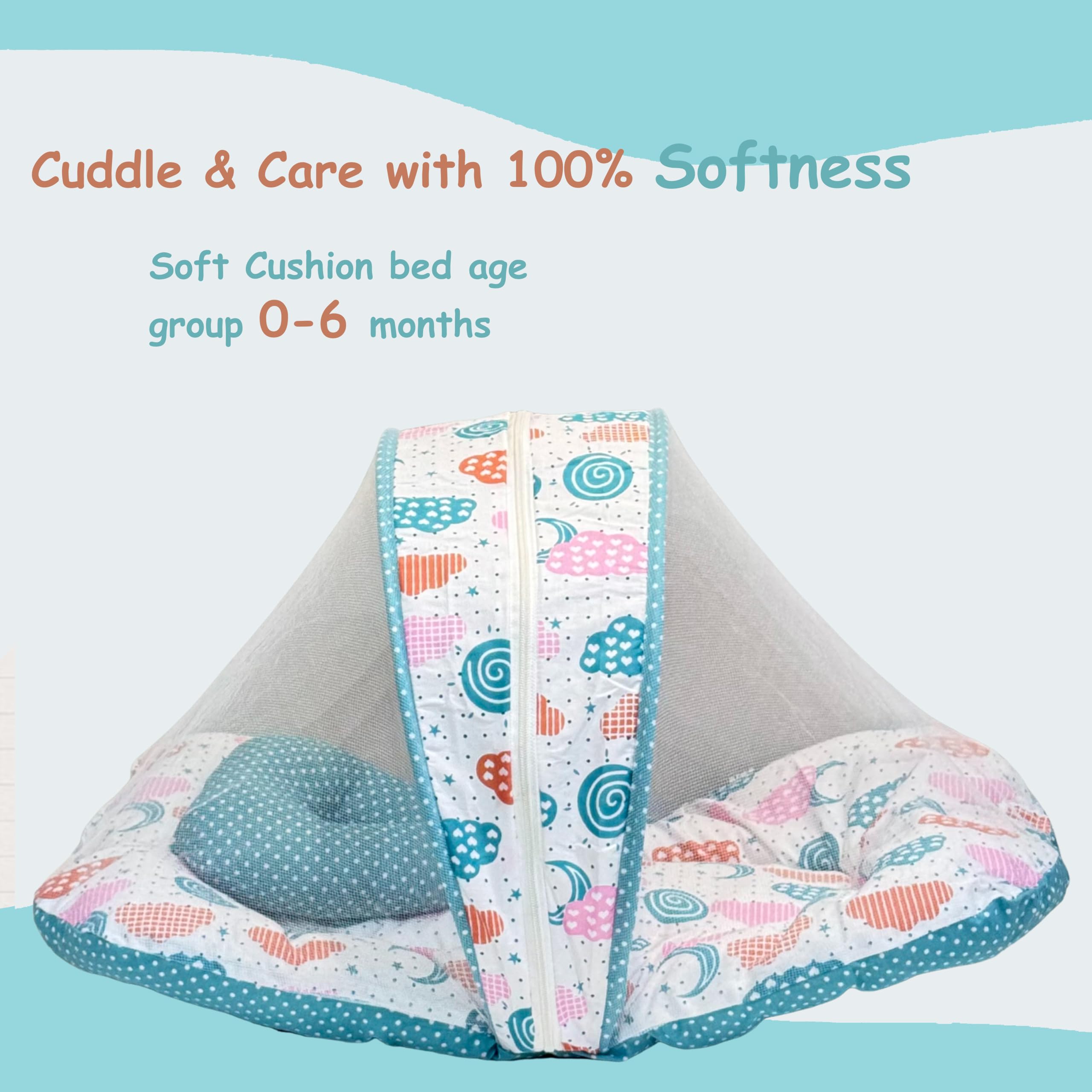 Fareto Combo of Baby Bed with Net | Carry Bag | 4 Pcs Bedding Set (0-6 Months, Baby Size, Cotton) (Pista Sprial) - Image 4 thumbnail