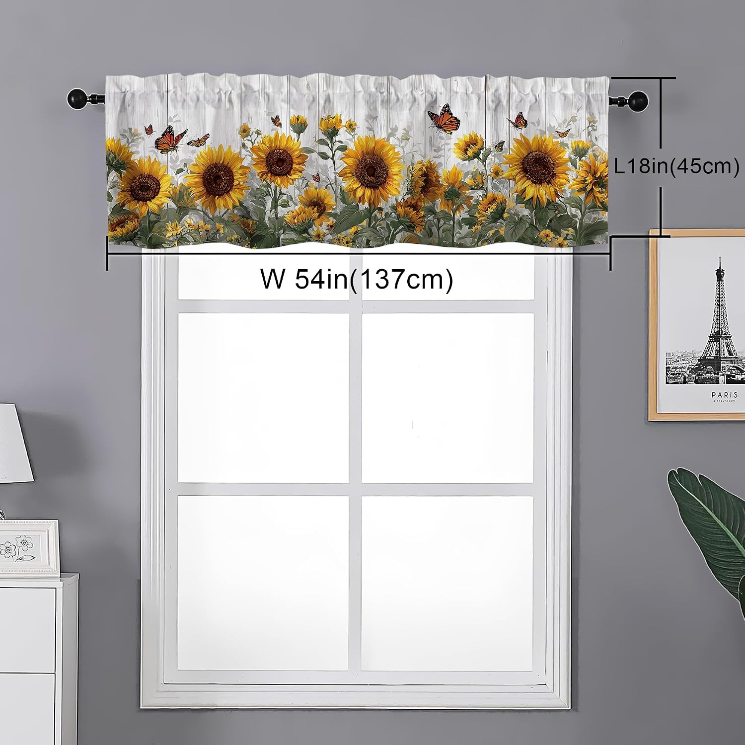 Sunflower Valance Curtains,Rod Pocket Small Valance Window Treatment for Kitchen,Bedroom Living Room,Bathroom,Office,RV Bunk,Home Decor,Rustic Butterfly Floral Farmhouse,18x54 in,1 Panel
