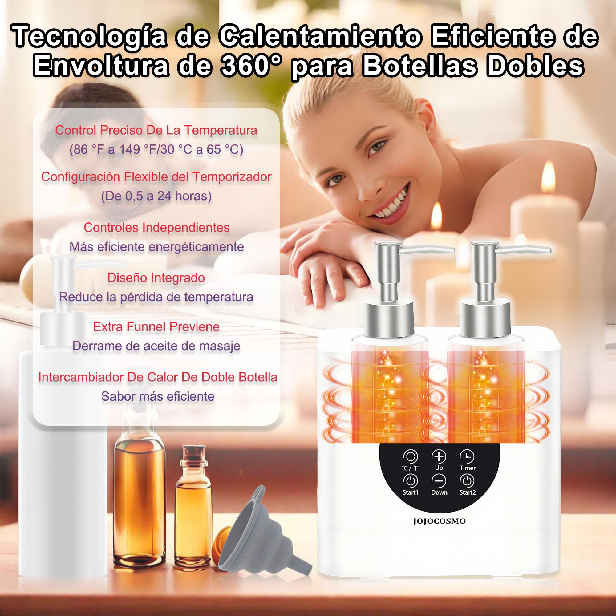 Calentador de aceite de masaje de dos botellas con cuatro botellas calefactadas, calor continuo de 30 a 65 °C,calentador para botellas de loción,adecuado para salones de belleza