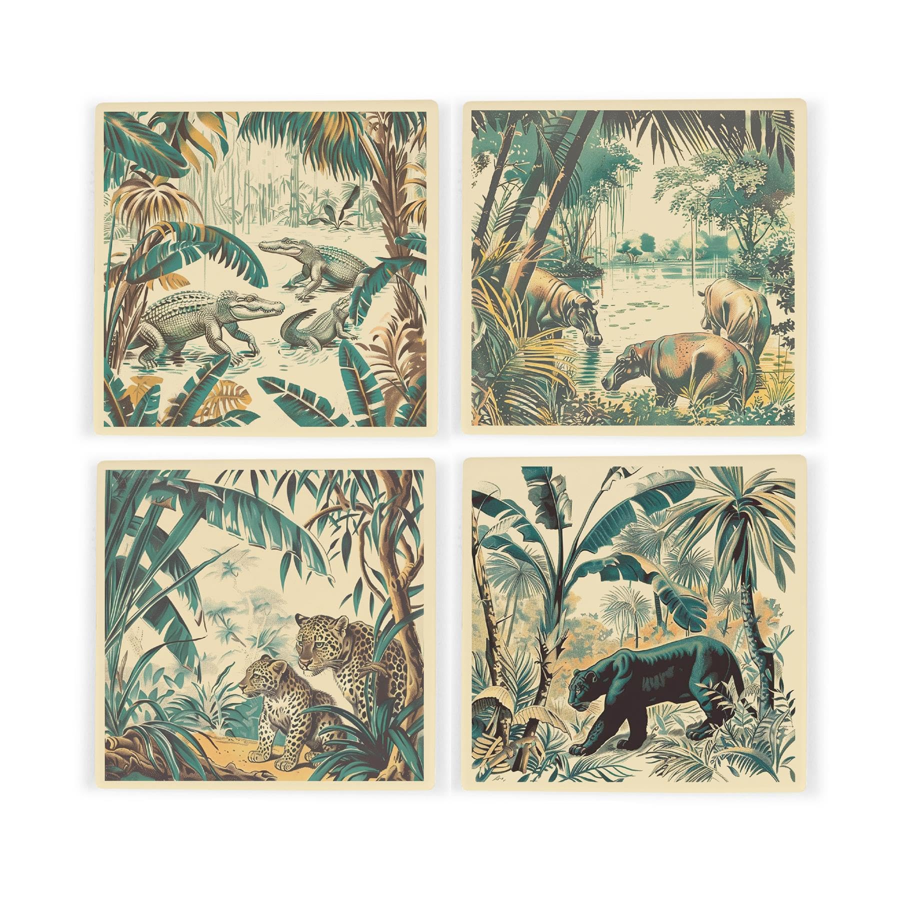 Purely Home Vintage Jungle Ceramic Coaster Set - Exotic Safari Crocodile Hippo Panther Leopard Square Set Of Four (4) Coasters Gift