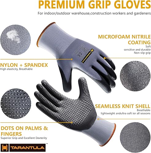 Miniatura 2 de Tarantula Guantes de trabajo de seguridad con revestimiento de nitrilo de microespuma, 12 pares, nailon de punto sin costuras, puntos en la palma,