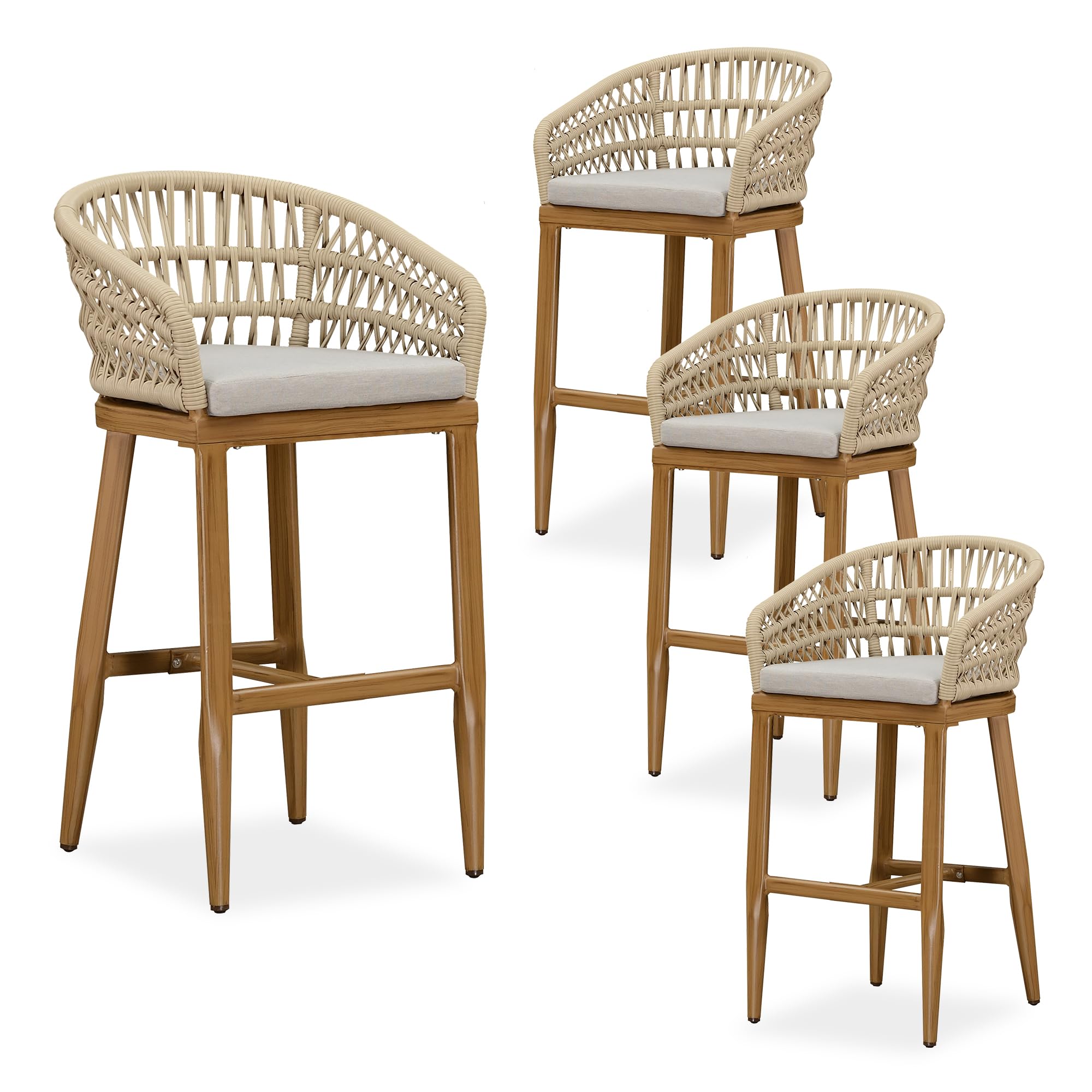 PURPLE LEAF Outdoor Rattan 29" Bar Stools Set of 4, Modern Boho Aluminum Patio Bar Height Chair with Cushion and Back for Outdoor and Indoor, Teak