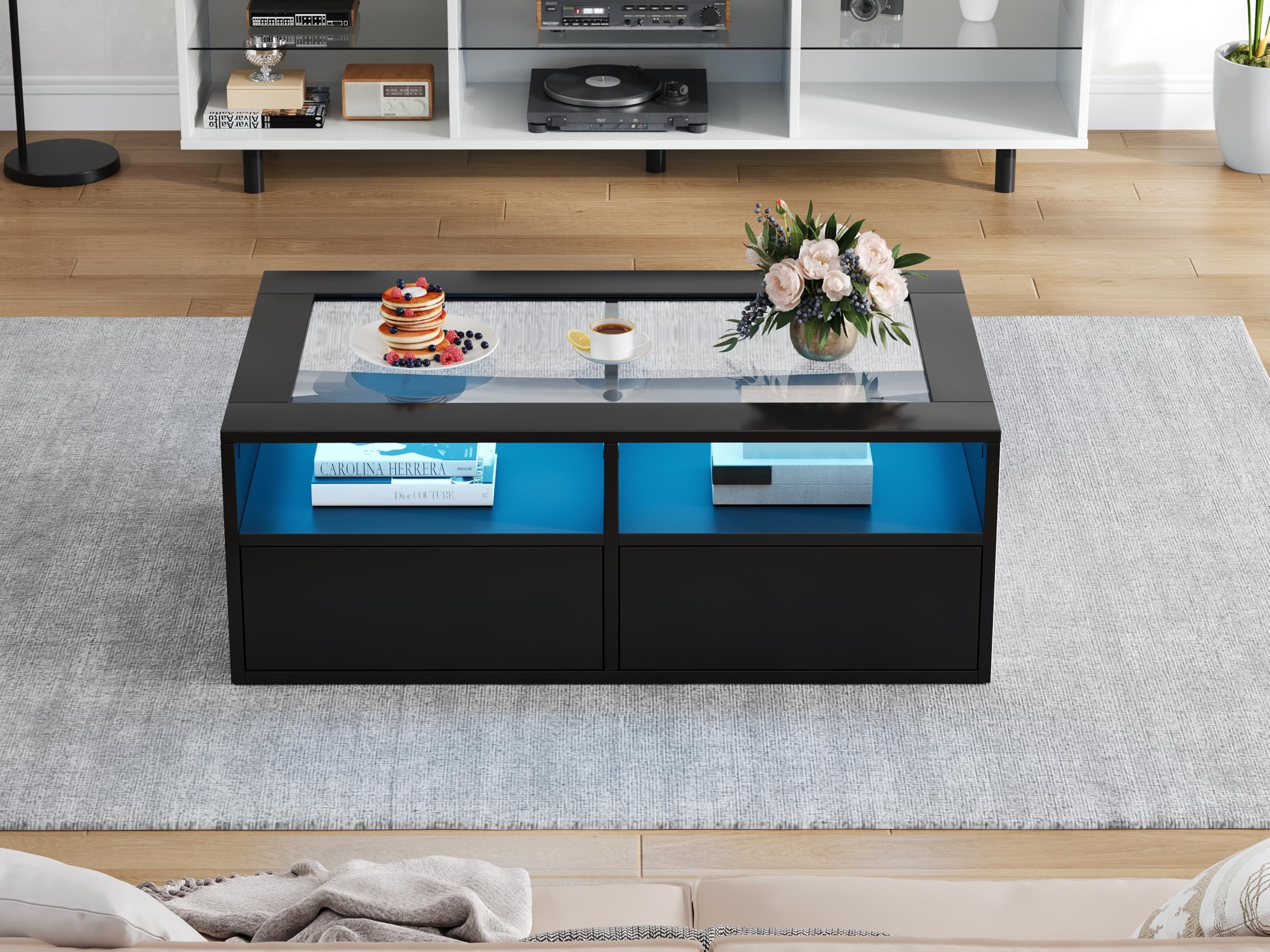 BTM Table Basse 100x50x35 cm LED, 2 Tiroirs Plateau Verre Double Couche, Rangement Ouvert Salon Noir
