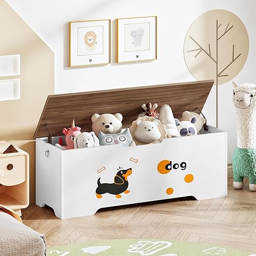 HOOBRO Caja de juguetes, baúl de juguetes con 2 bisagras de seguridad, banco de almacenamiento de 47.2 pulgadas, baúl de almacenamiento de madera,
