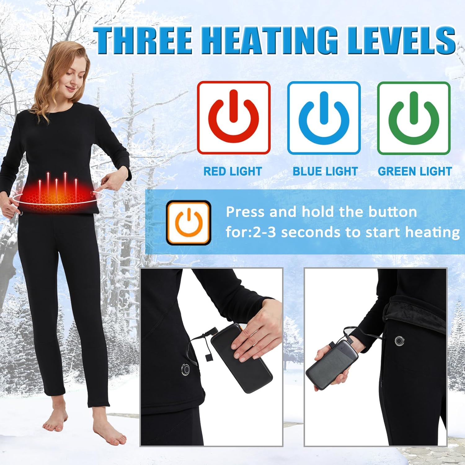 Women's Thermal Underwear Set, USB Electric Thermal Heated Long Johns Set with Power Bank for Outdoor Sports Skiing - Image 2