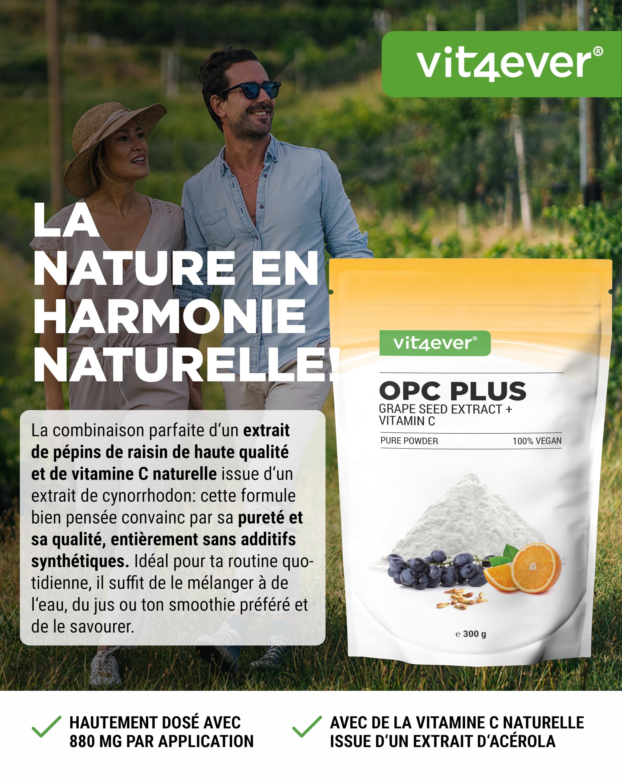 Extrait de pépins de raisin OPC + vitamine C - 300g de poudre - Pure OPC de raisins européens - Teneur en OPC de 70% selon la méthode HPLC (95% selon Bate-Smith) - Avec vitamine C naturelle - Vegan
