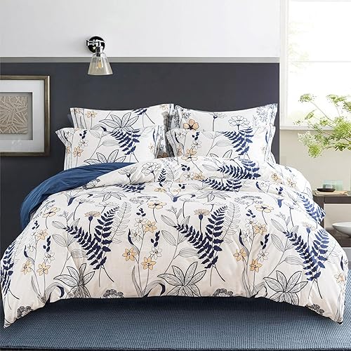 Miniatura 1 de ALEISSEL Juego de edredón floral de 3 piezas, 100% algodón natural, tamaño King, edredón azul marino con lujosas flores naranjas y hojas azul marino
