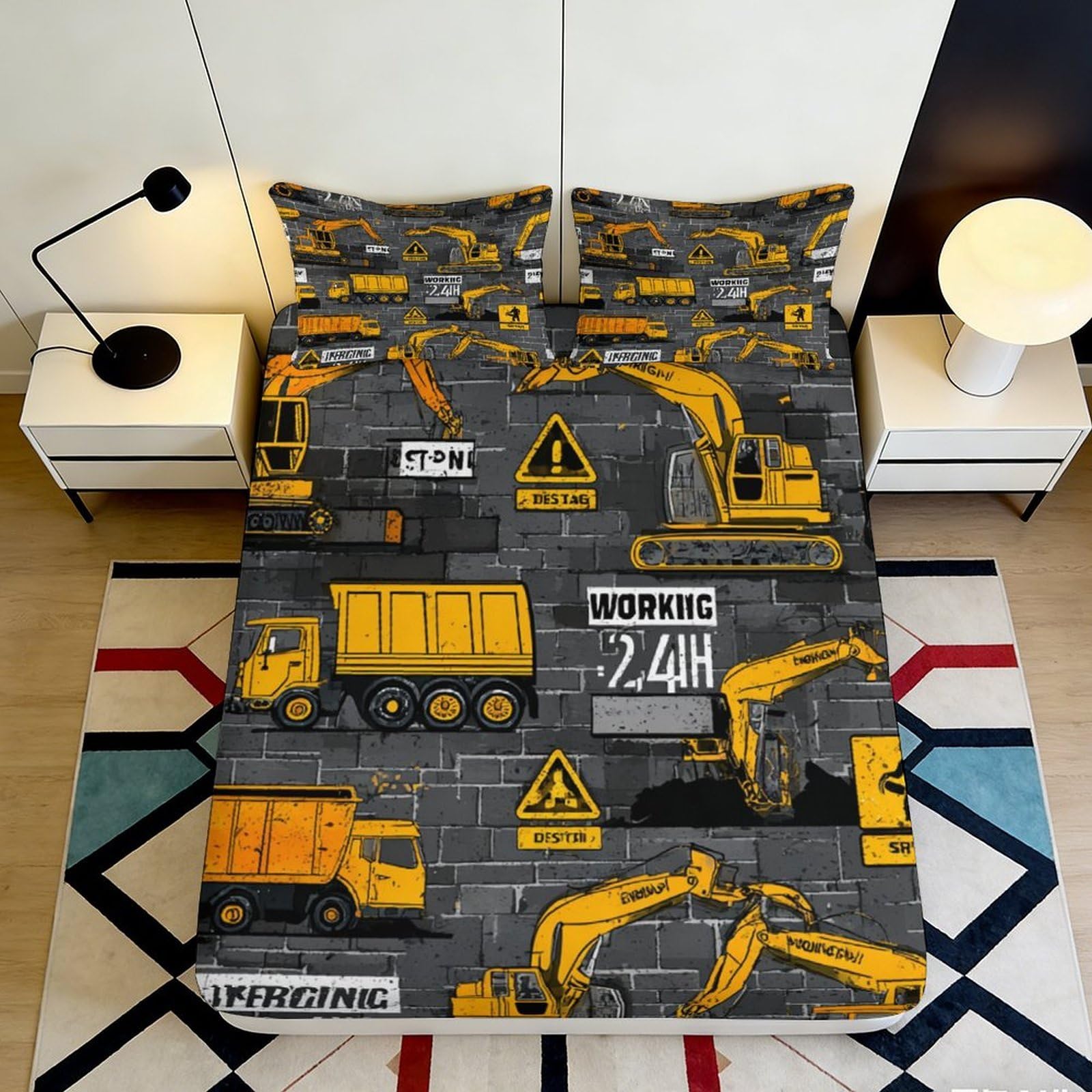 3D Printed Construction Vehicles Fitted Sheet Microfiber Deep Pocket Elastic Hem for Bedroom Bedding Non-Slip Washable Construction Vehicles Mattress Fitted Cover 200x200x25cm 90x200x25cm