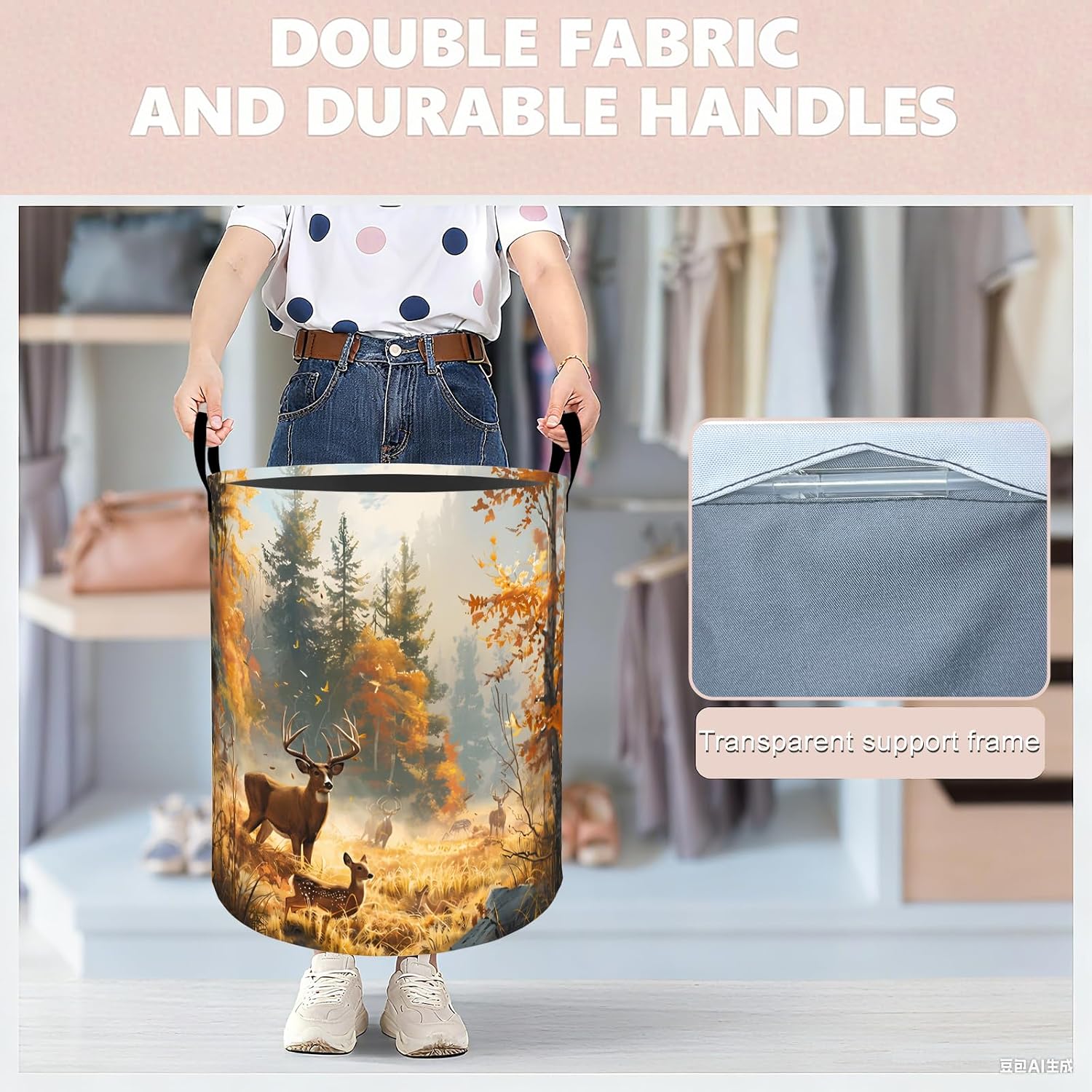 Autumn Deer Forest Laundry Basket Hamper 19.7"x15.8", Organizer Bins Gifts for Kids Boys Girls, Rustic Woodland Wildlife Foldable Waterproof Oxford Clothes Storage Bucket for Bedroom Bathroom Decor image 3