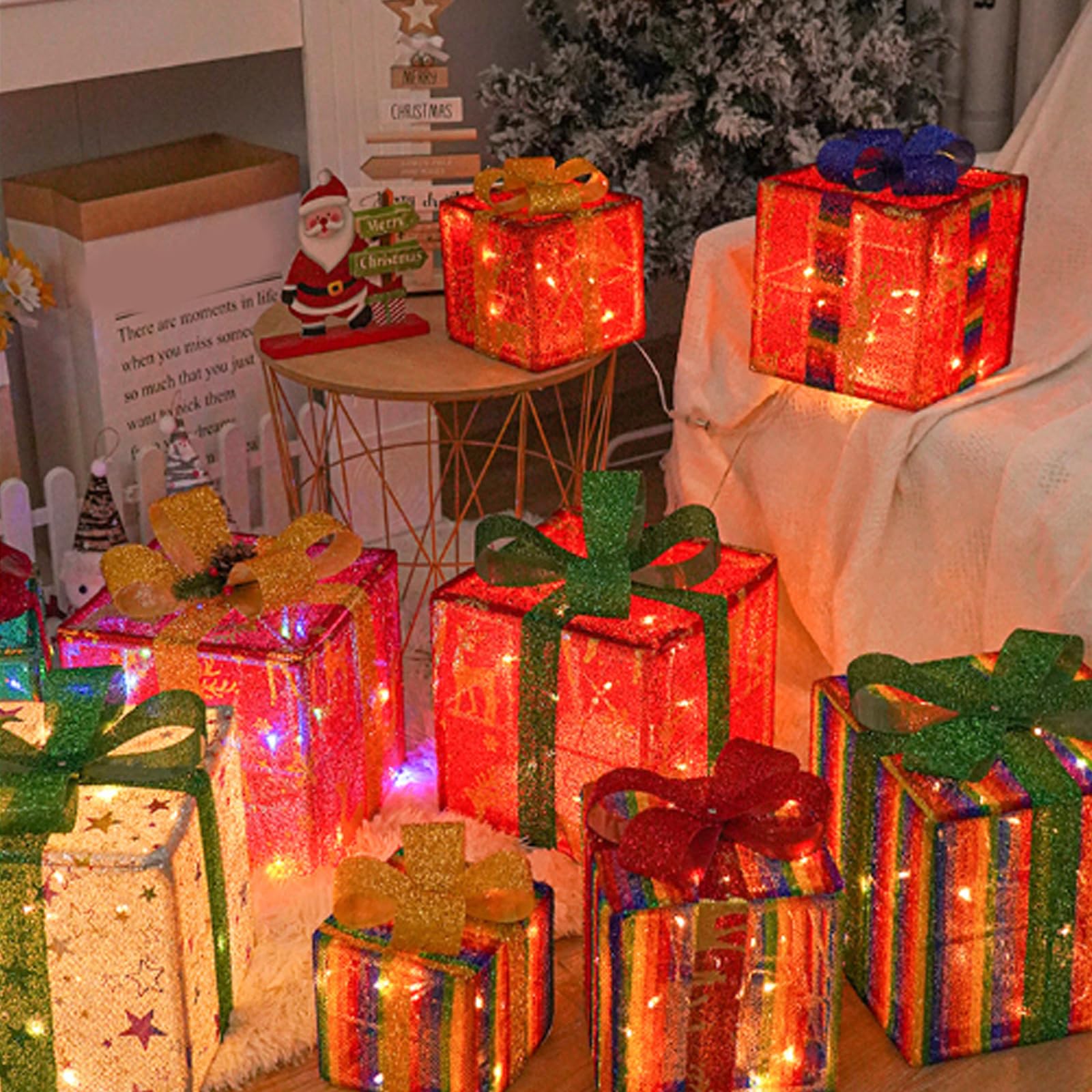 3 scatole natalizie illuminate a LED, scatole regalo ornamentali, decorazione luminosa per esterni e interni