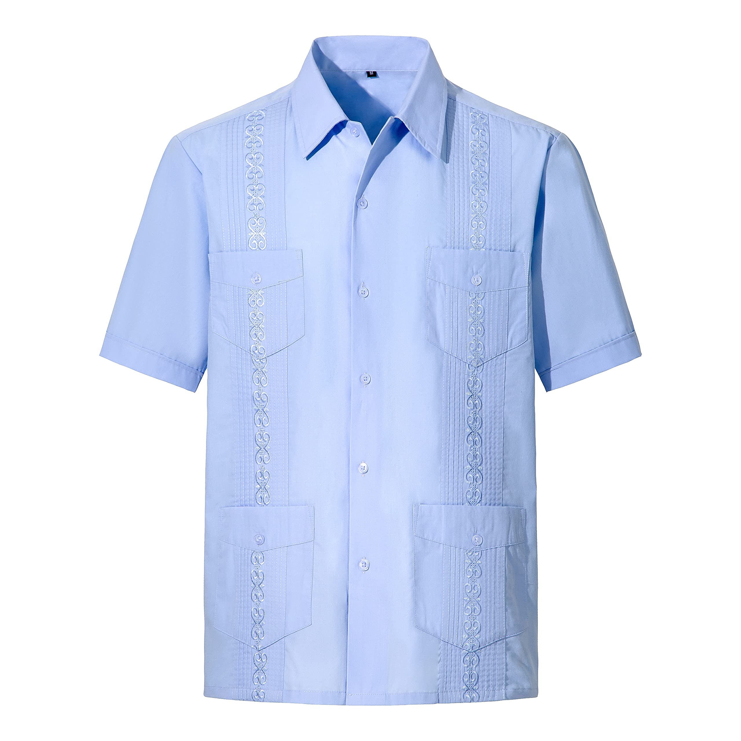 Maxjon Men's Lightblue Short Sleeve Button-Down Guayabera Shirts For Cuban Embroidered Pleats Beach Shirts…, Large