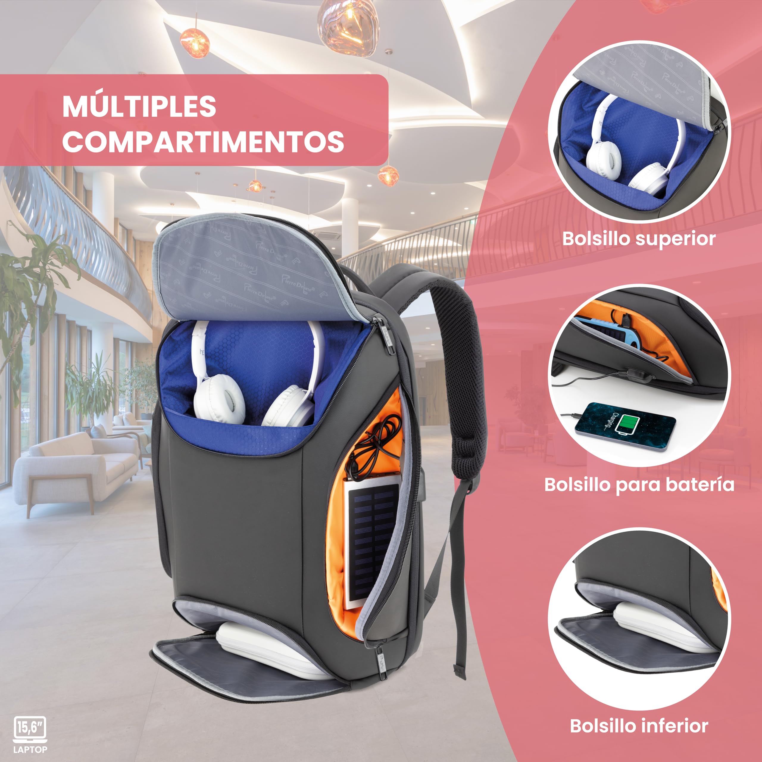 Mochila semirrígida acolchada HOFMAN - Cierre de seguridad - 31x45x13 cm - Compatible con trolley - Bolsillo antirrobo - Compartimento acolchado para portátiles - Entrada USB para Powerbank
