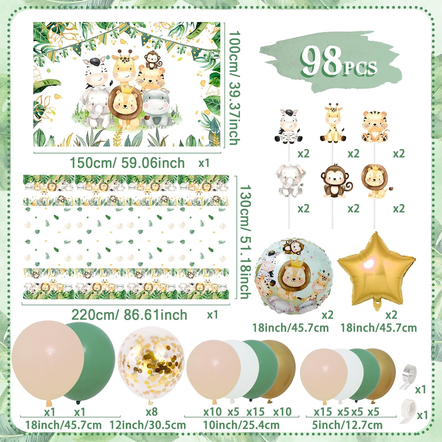 Sage Green Baby Shower Decorations for Girl Boy, Neutral Green Balloon Arch Garland Kit Baby Shower Boxes , Animal Backdrop Tablecloth for Gender Reveal,Boy Girl Birthday Party Decorations