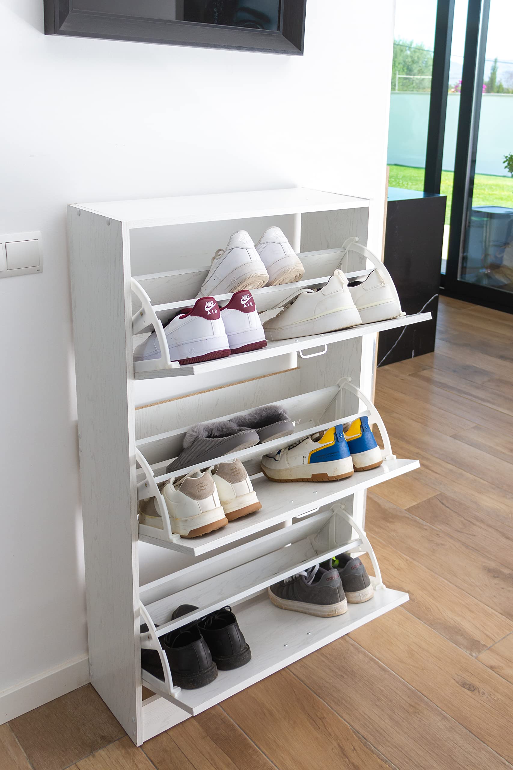 DUPI Mueble Zapatero Madera | 3 Puertas Oscilobatientes | 6 Baldas para 28 Zapatos | Diseño Minimalista | Zapatero Entrada (Blanco Veteado)