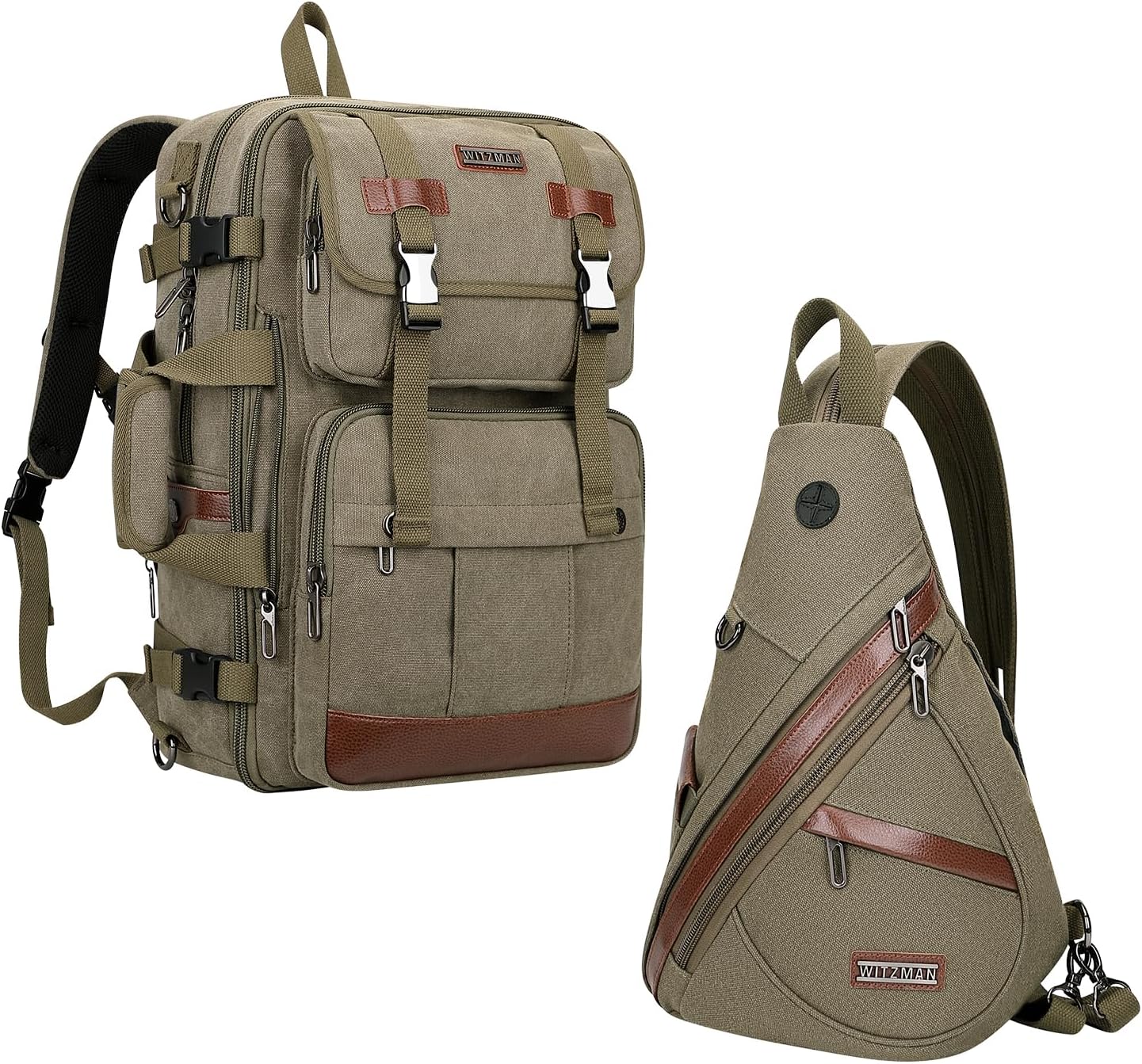 WITZMAN Canvas Backpack Large Carry On Travel Backpack Duffel Bag Fit 18 inch Laptop Sling Bag for Men Women Convertible Crossbody Vintage Chest Bag Casual